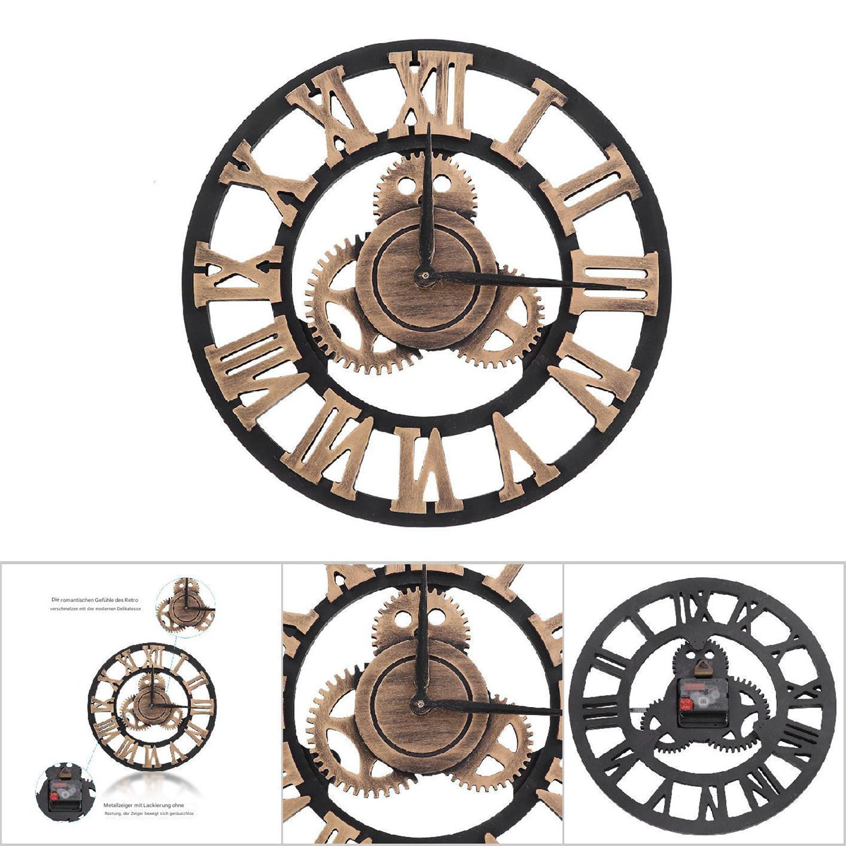 Holzuhr mit römischen Ziffern und Zahnrädern. Enthält drei Bilder der Uhr aus verschiedenen Blickwinkeln.
