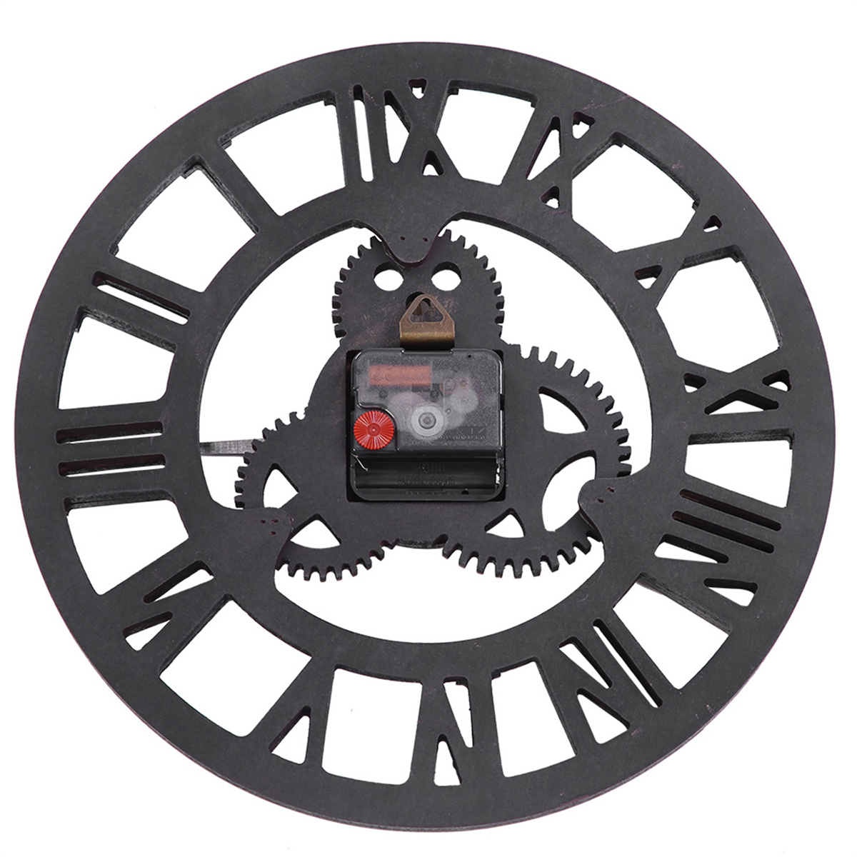 Eine schwarze Uhr mit römischen Ziffern und zahnradartigen Strukturen, weißer Hintergrund.