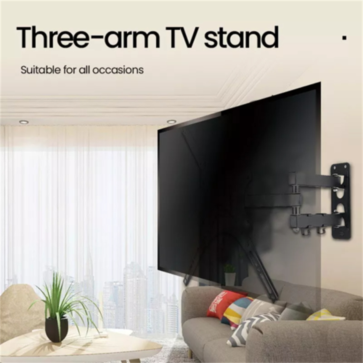 Dreifach-TV-Ständer mit montiertem Fernseher. Geeignet für alle Gelegenheiten, so der Text.