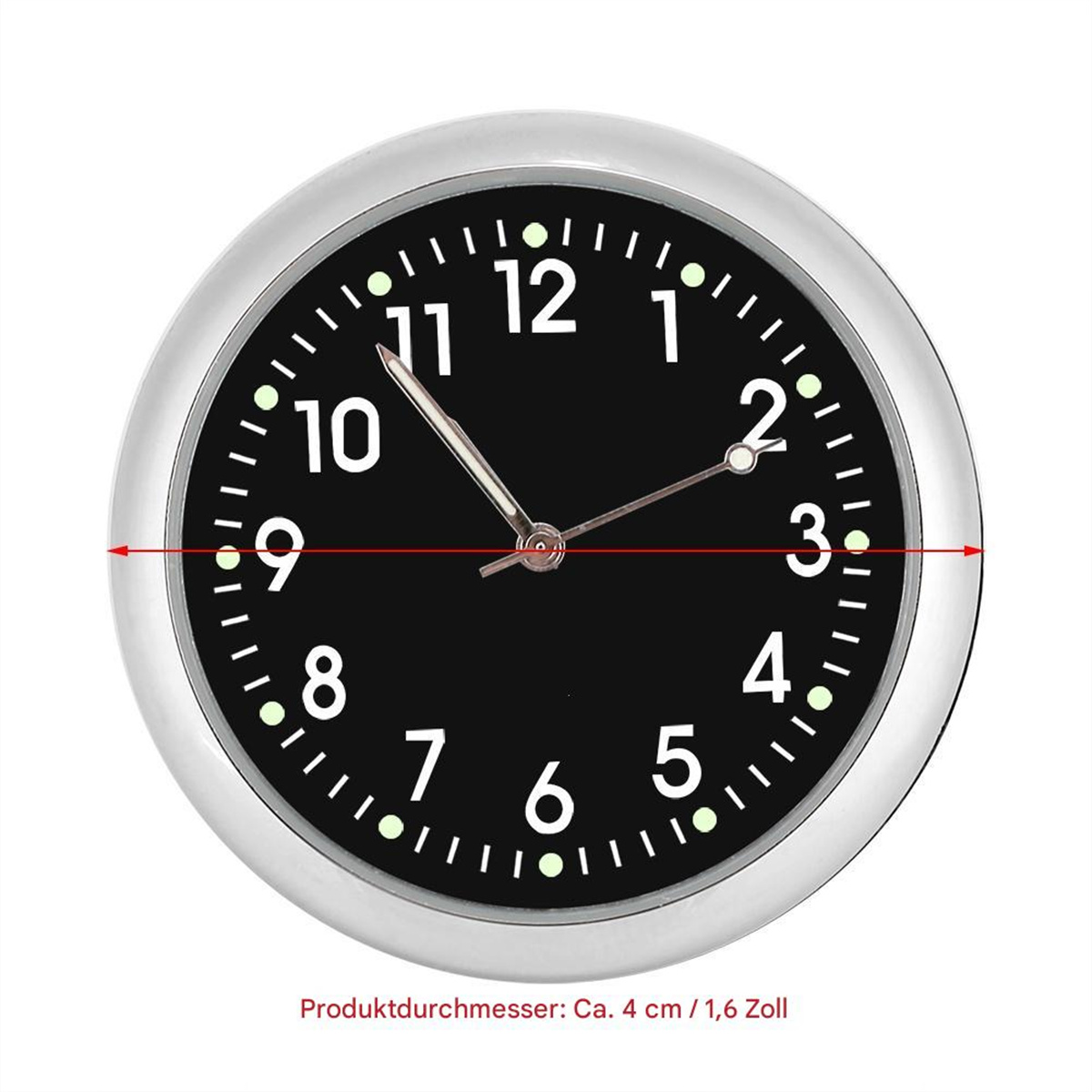 Eine Uhr mit schwarzem Zifferblatt, silbernem Gehäuse und weißen Zahlen.