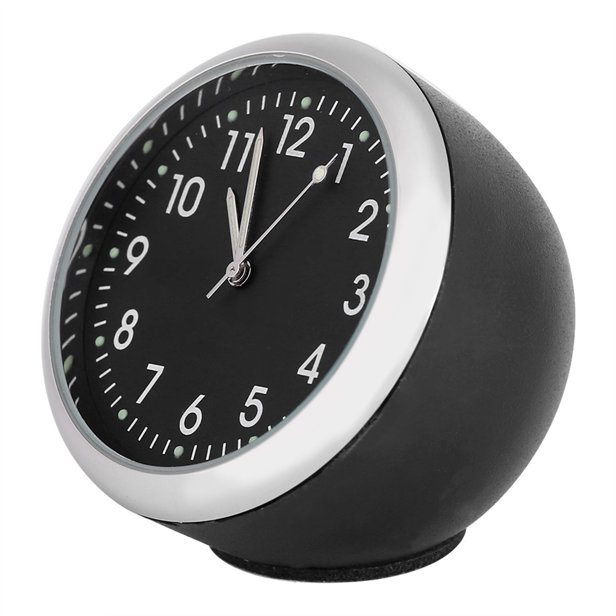 Eine kleine schwarze analoge Uhr mit silbernem Rand. Sie zeigt die Uhrzeit, mit schwarzem Zifferblatt.