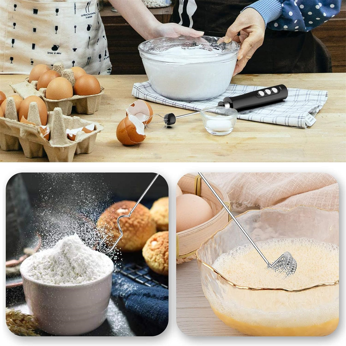 Frau, die Zutaten mit einem Handmixer verrührt. Das Bild zeigt auch Zutaten wie Eier und Mehl.