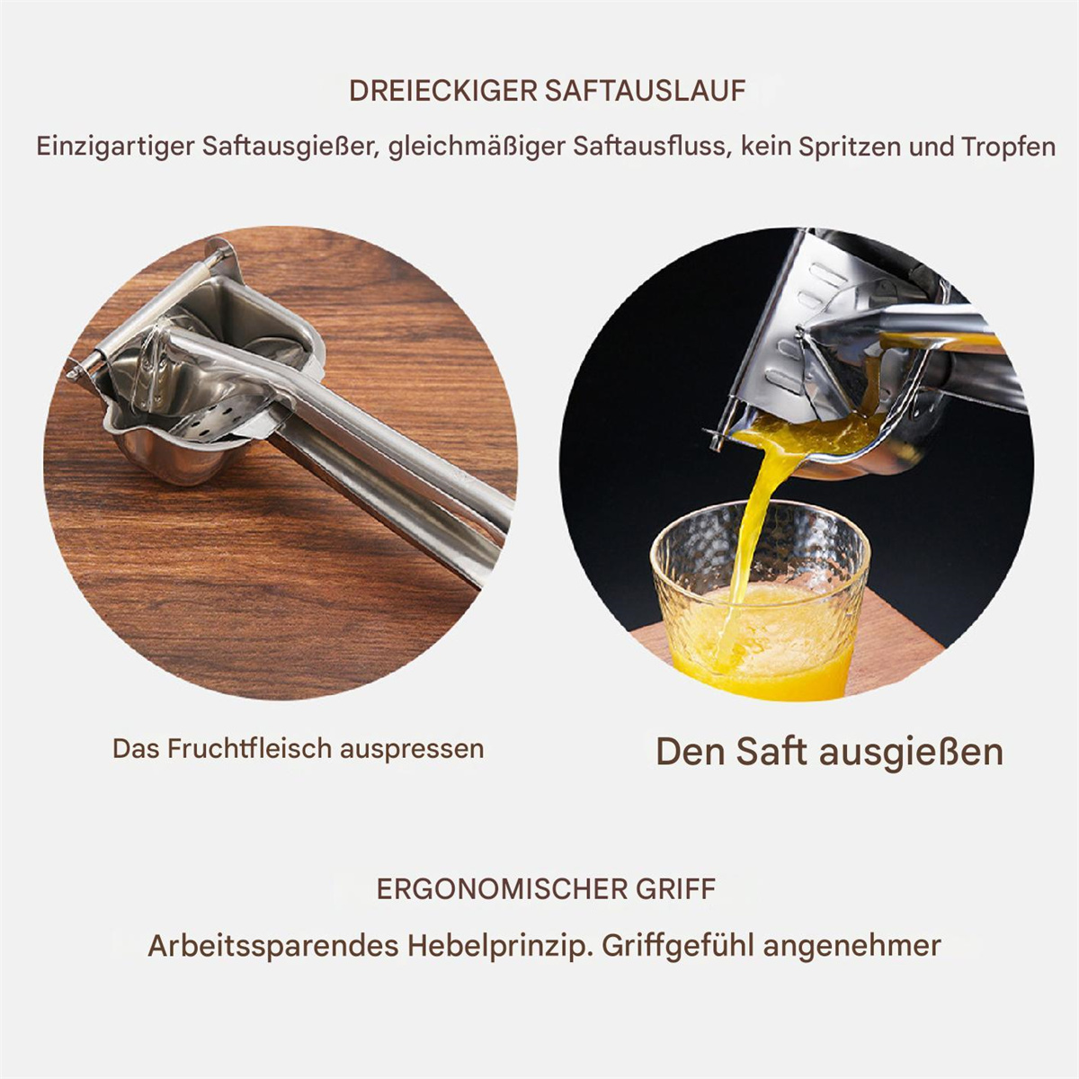 Entsafter. Zwei Bilder: Auspressen von Fruchtfleisch und Eingießen von Saft.