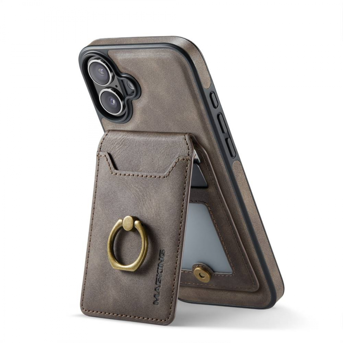 Braune Handyhülle mit Kartenhalter und Ring. Das Telefon ist grau.
