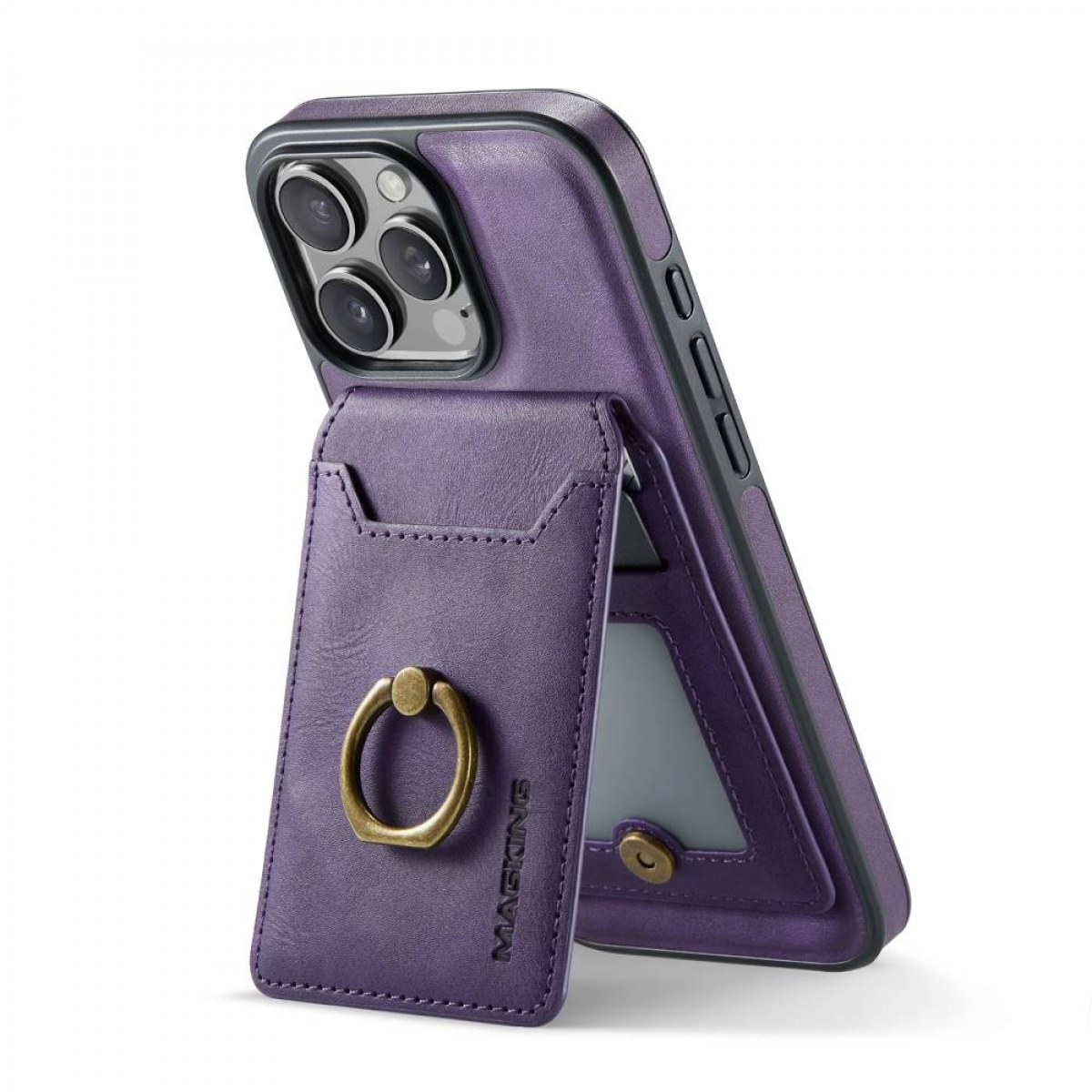 Lila iPhone-Hülle mit Kartenhalter und Ring. iPhone-Hülle lehnt sich zurück.