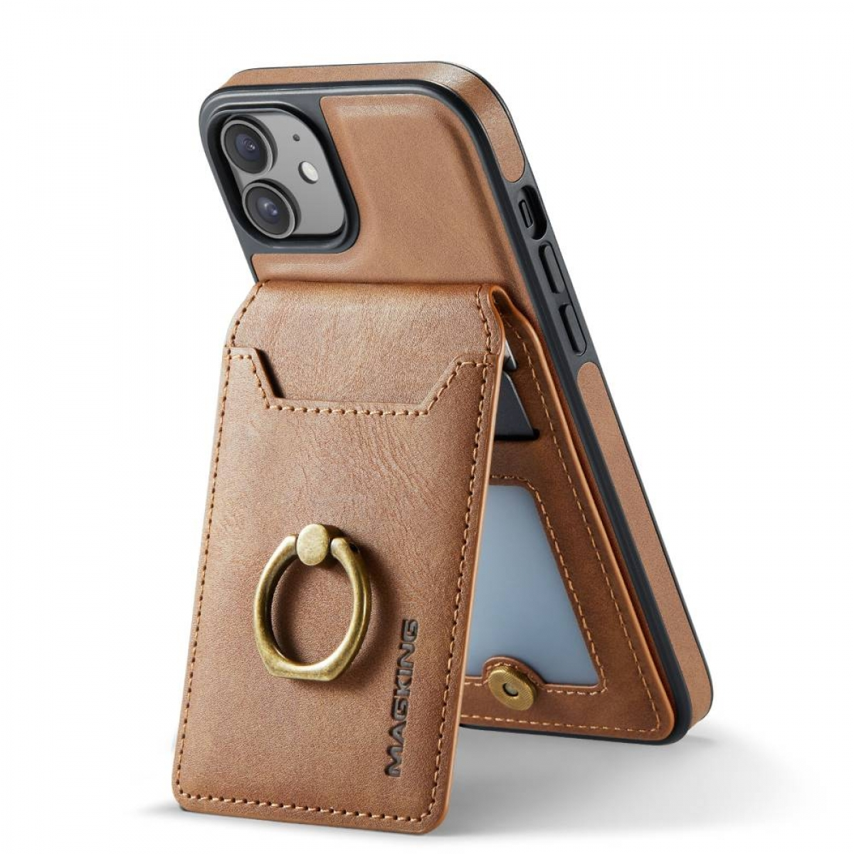 Eine braune Handyhülle mit Kartenhalter, Ringhalter und einem Handy.