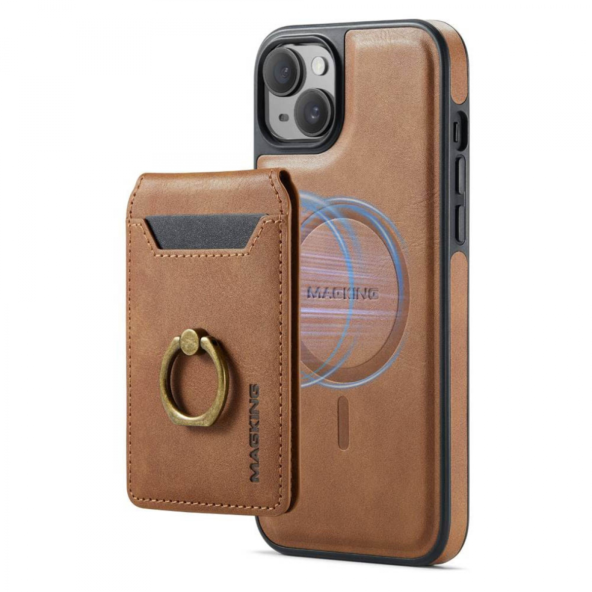 Braune iPhone-Hülle mit Geldbörse. Geldbörse mit Ring und Magnetkreis auf dem Telefon.