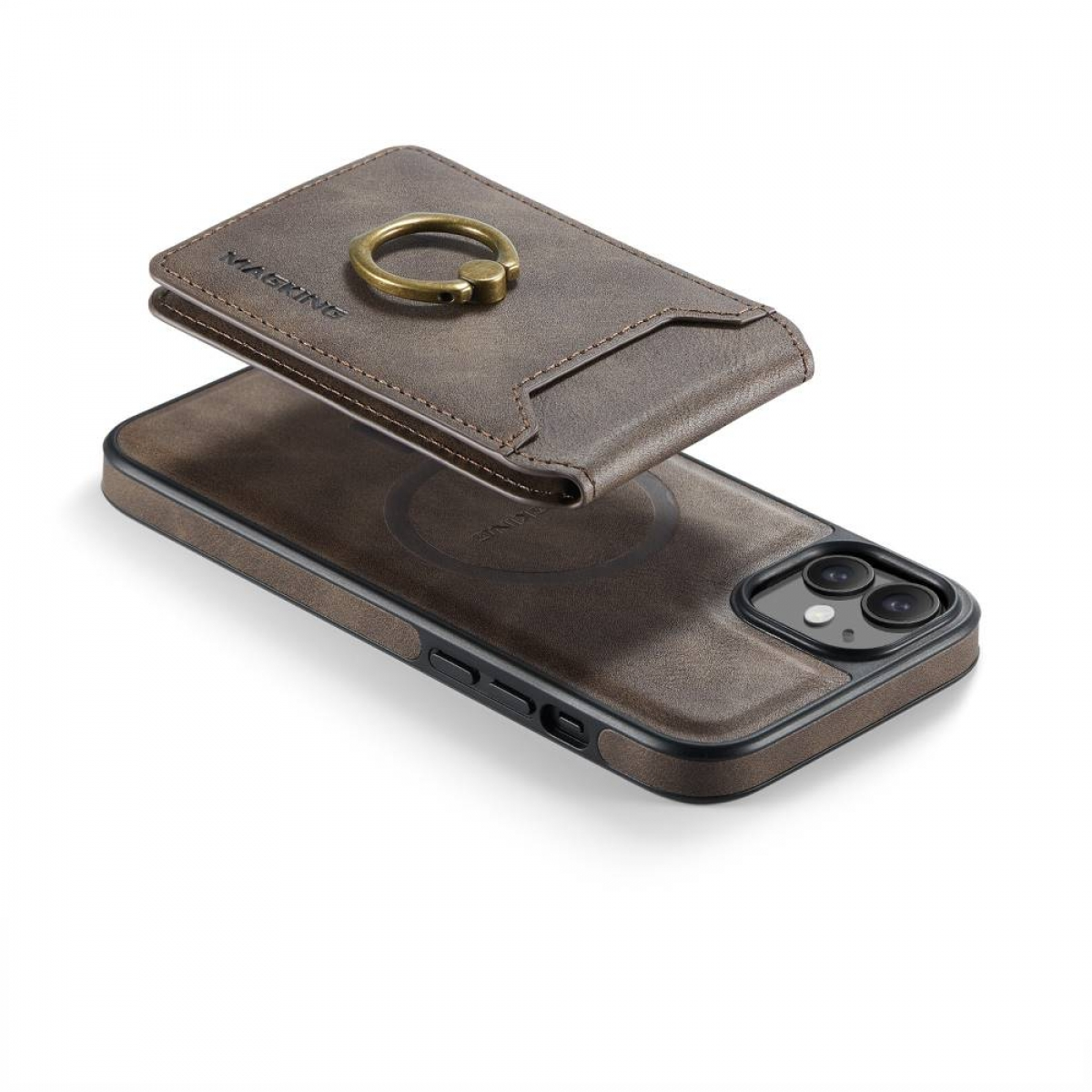 Braune Handyhülle mit Ringhalter, auf einem Telefon platziert, auf weißem Hintergrund.