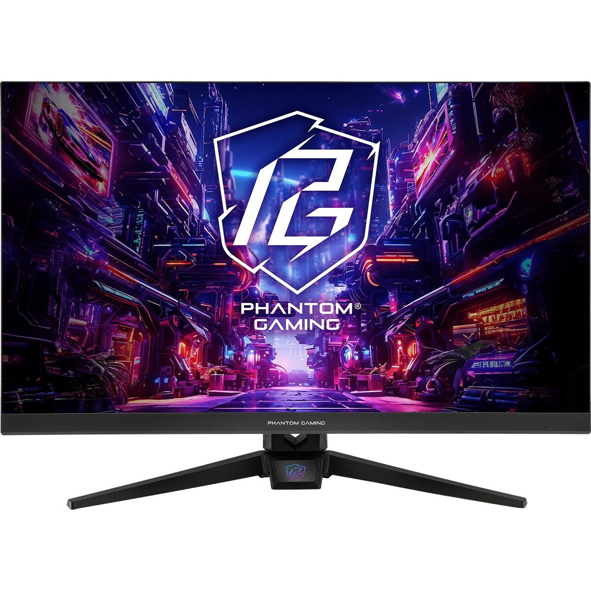Monitor do gier z widokiem miasta, z logo Phantom Gaming i czarną podstawą.