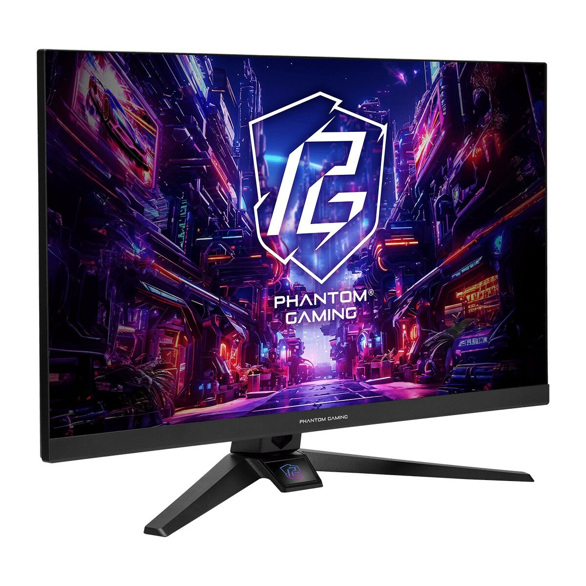 Czarny monitor Phantom Gaming wyświetla scenę miejską. Monitor ma czarno-czerwony stojak.
