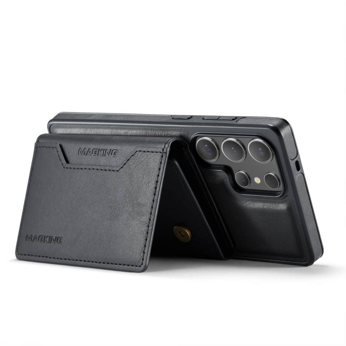 Schwarze Handyhülle mit Kartenhalter. Das Telefon ist schwarz.