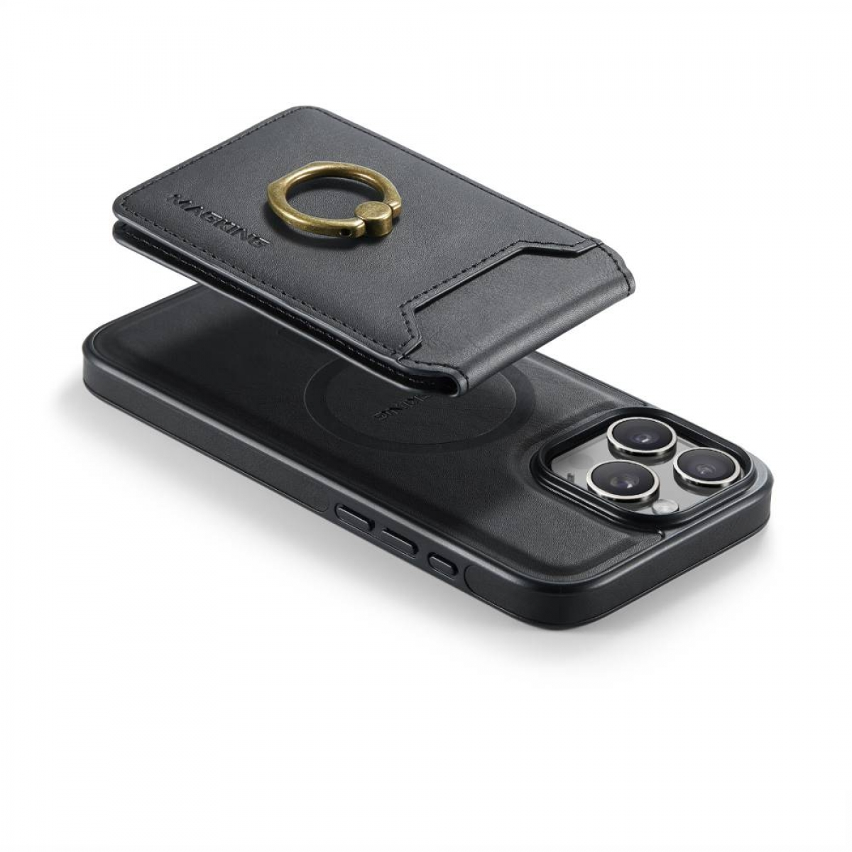 Schwarze Handyhülle mit Kartenhalter und goldenem Ring auf weißem Untergrund.
