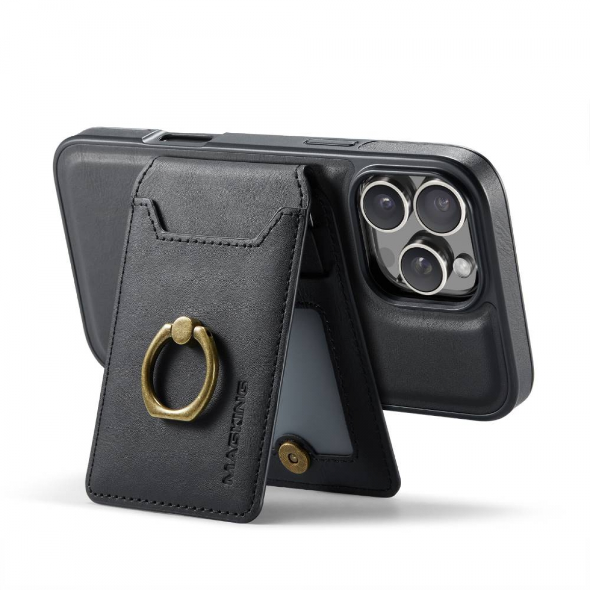 Eine schwarze Handyhülle mit Ständer und Ring, ein Telefon befindet sich darin. Die Hülle hat einen schwarzen Rand.