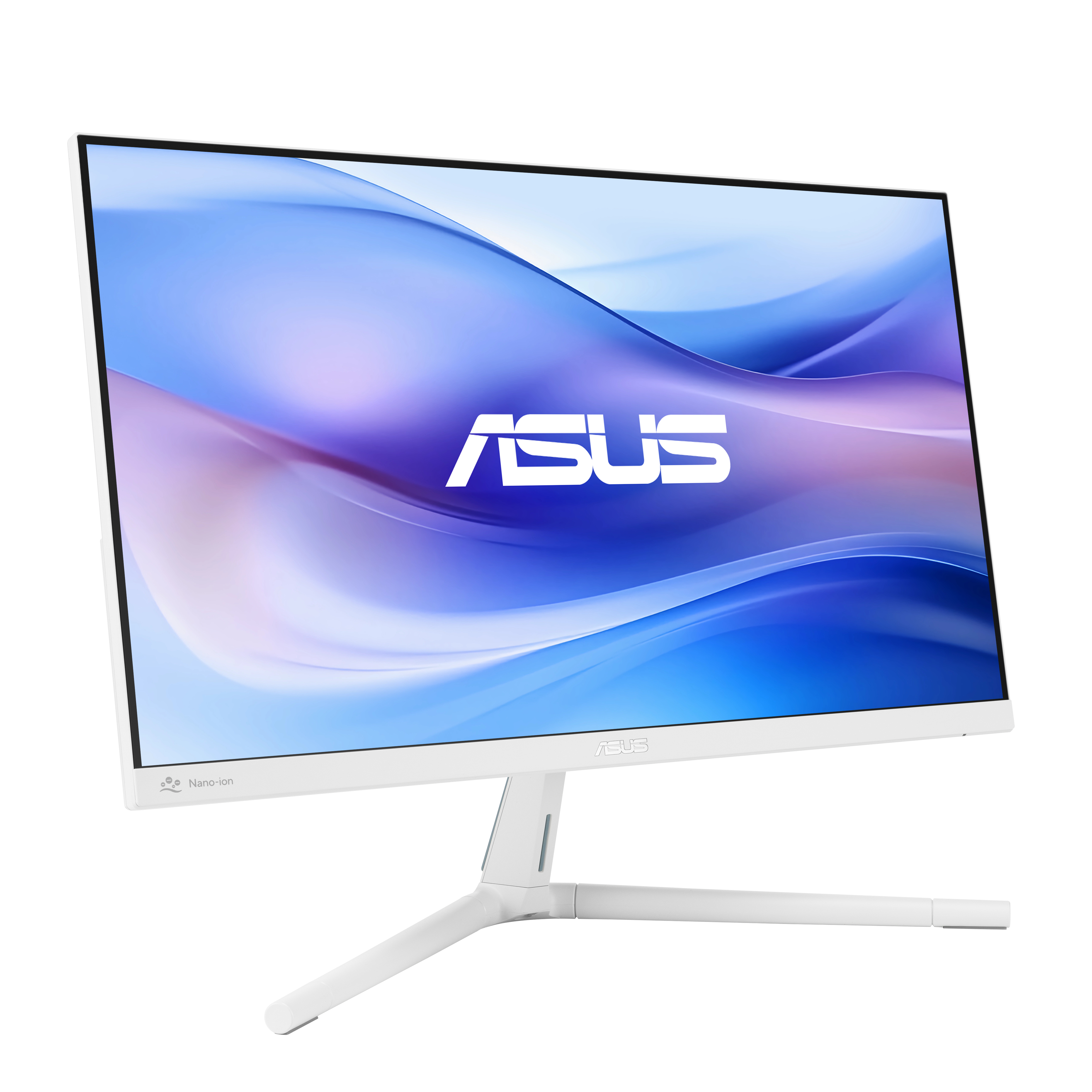 Biały monitor ASUS, biała podstawa, niebiesko-białe tło, logo ASUS.