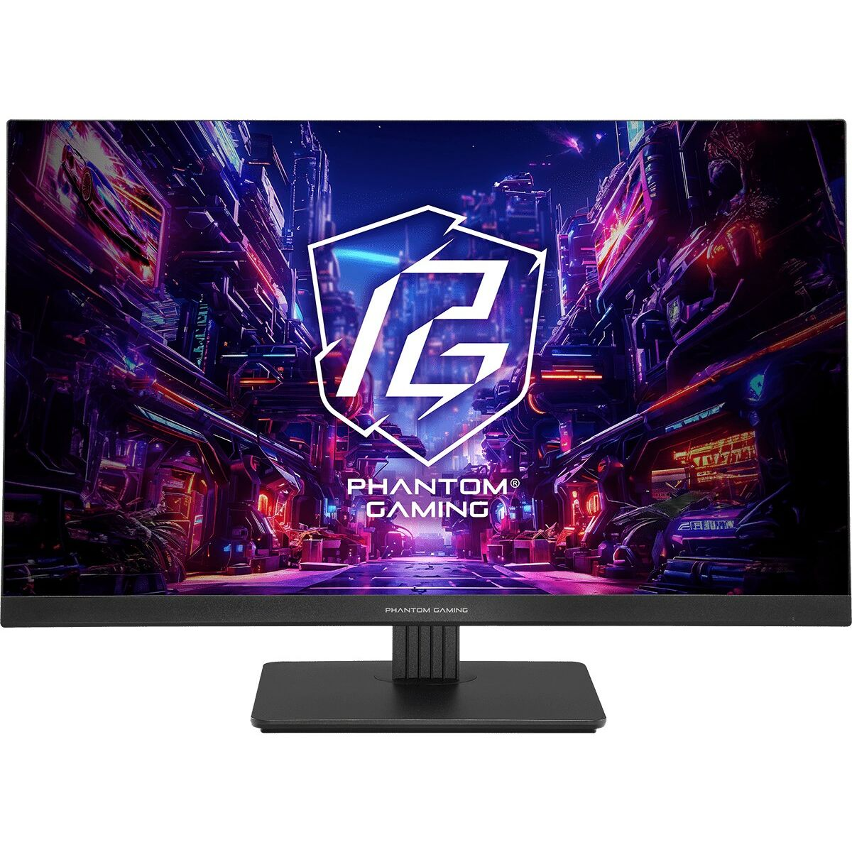 Monitor Phantom Gaming wyświetla futurystyczne miasto z logo Phantom Gaming.