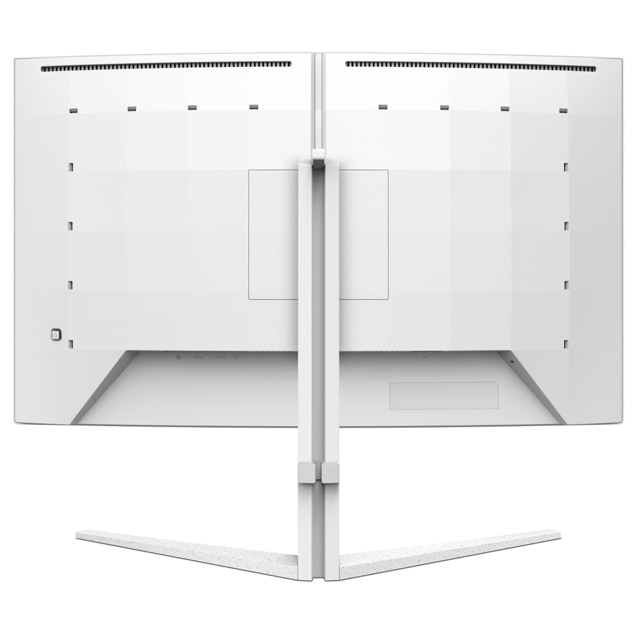 Biały monitor komputera od tyłu. Ma podstawę ze stojakiem.