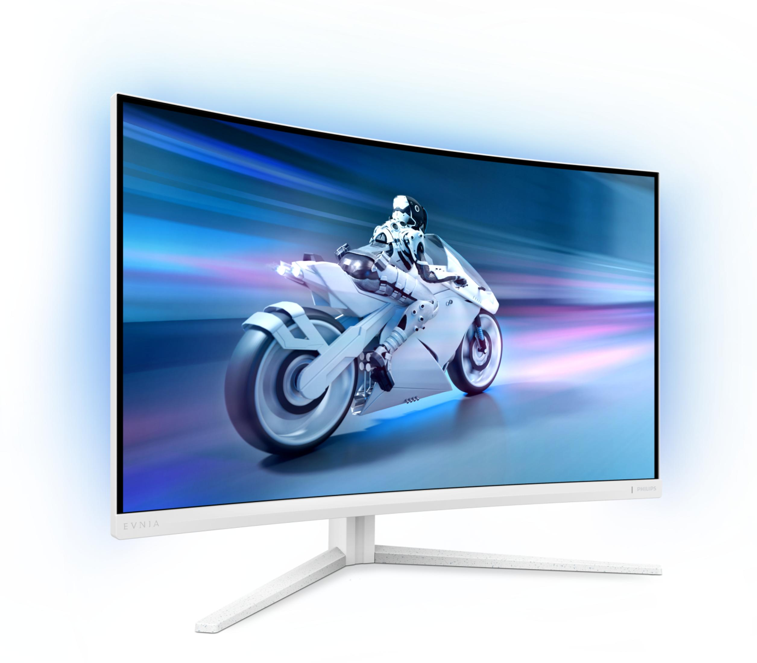 Zakrzywiony biały monitor wyświetlający futurystyczną scenę wyścigów motocyklowych z niebieską obwódką świetlną.