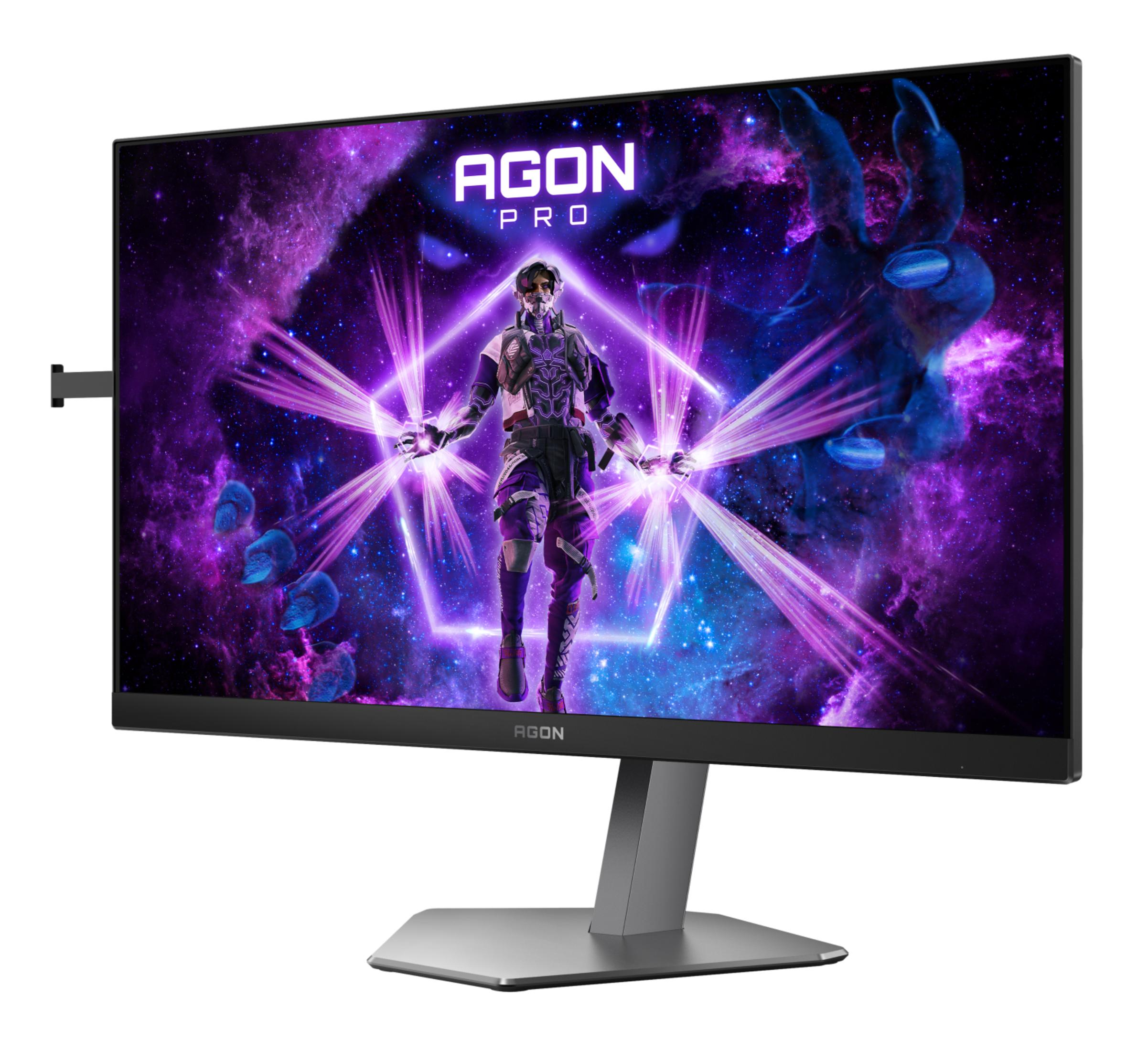 Monitor do gier z postacią na ekranie, fioletowe i niebieskie efekty, AGON PRO.