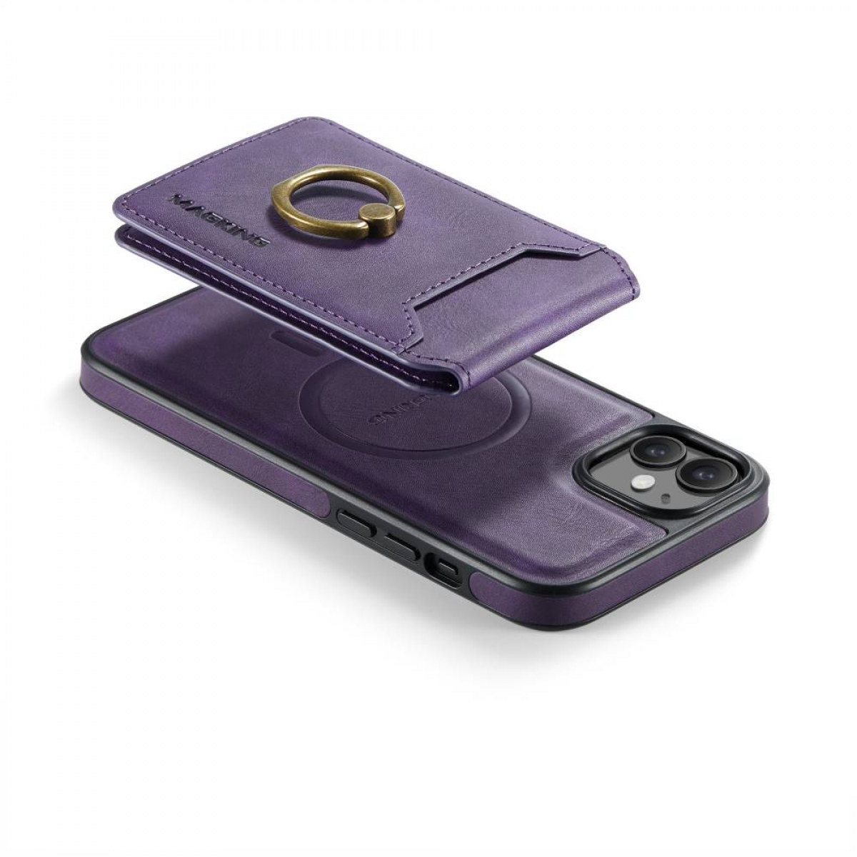 Lila Handyhülle mit Kartenhalter und Ring, getrennt von lila Telefon.
