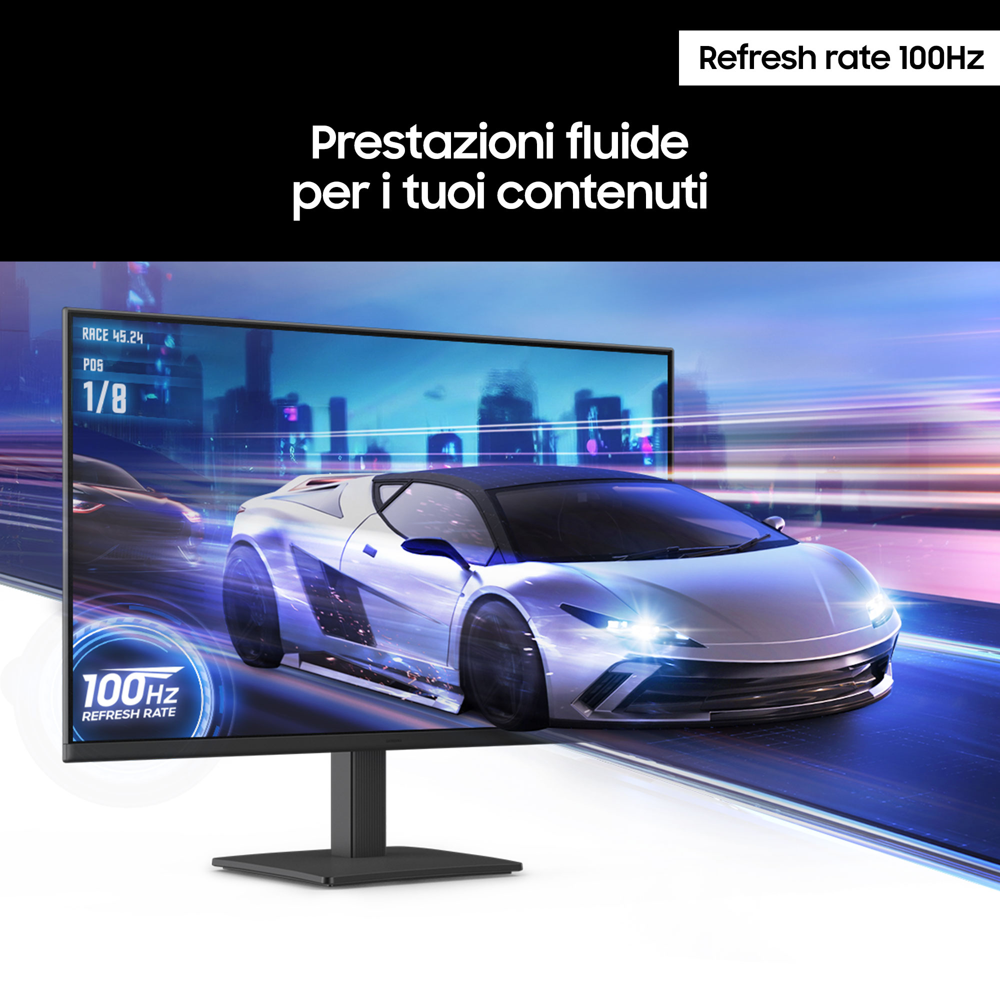 Monitor met raceauto scène, met tekst: "Vernieuwingsfrequentie 100Hz".