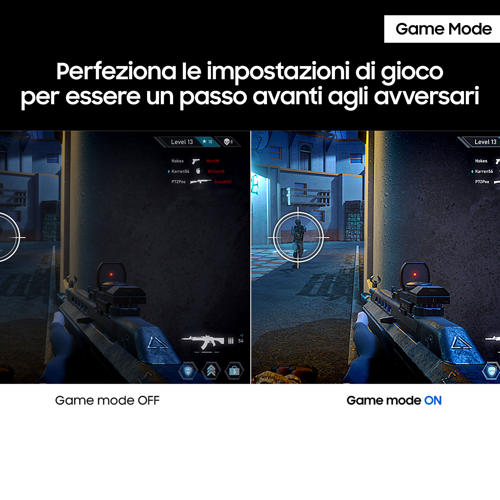 Dwa zrzuty ekranu porównujące tryb gry. Pokazuje grę FPS z włączonym trybem gry.