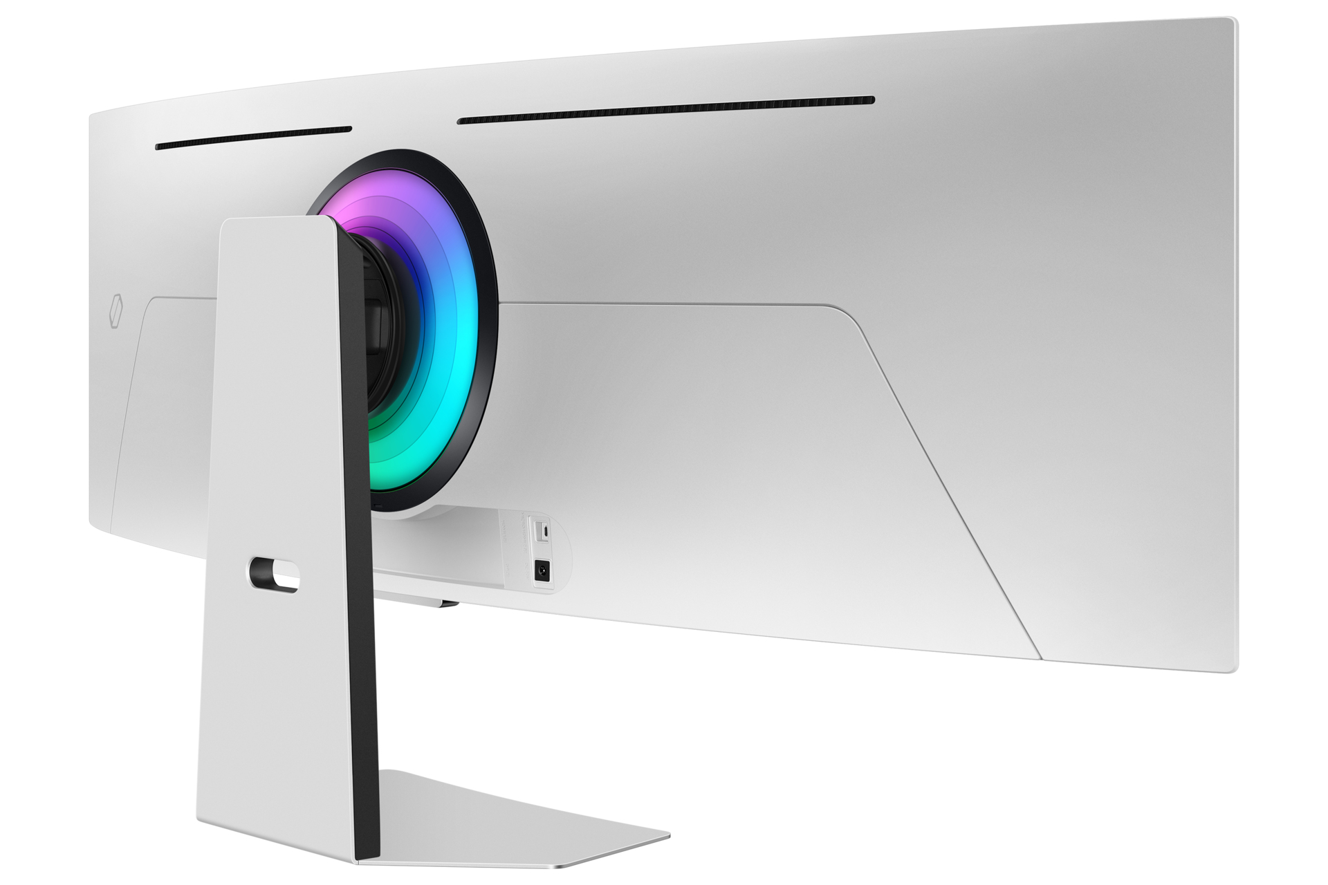 Widok z tyłu białego monitora z podświetlanym pierścieniem i podstawą. Ma porty zasilania i wyświetlacza.