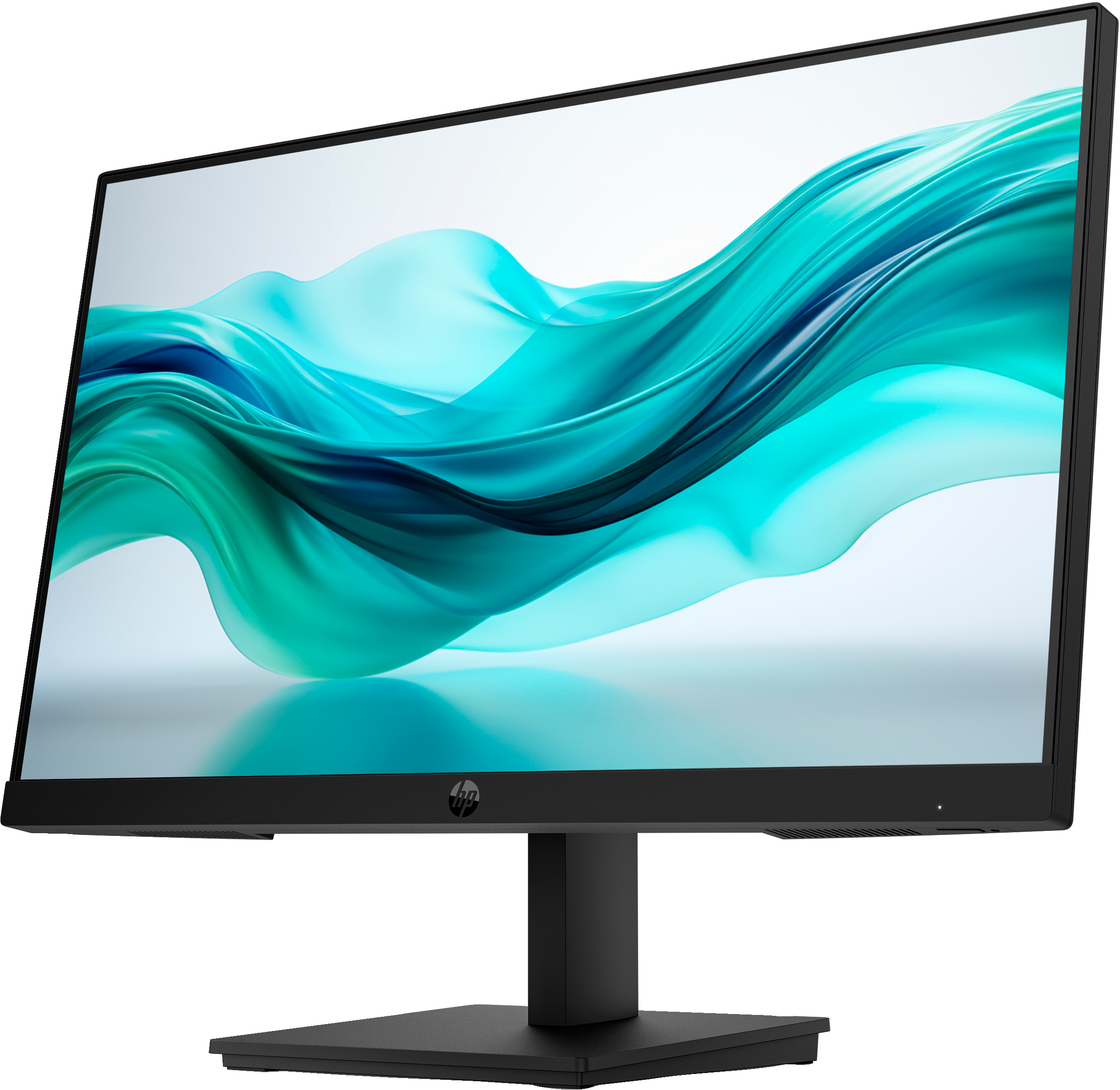 Zwarte HP-monitor met abstracte turquoise golven tegen een witte achtergrond, op een wit oppervlak.