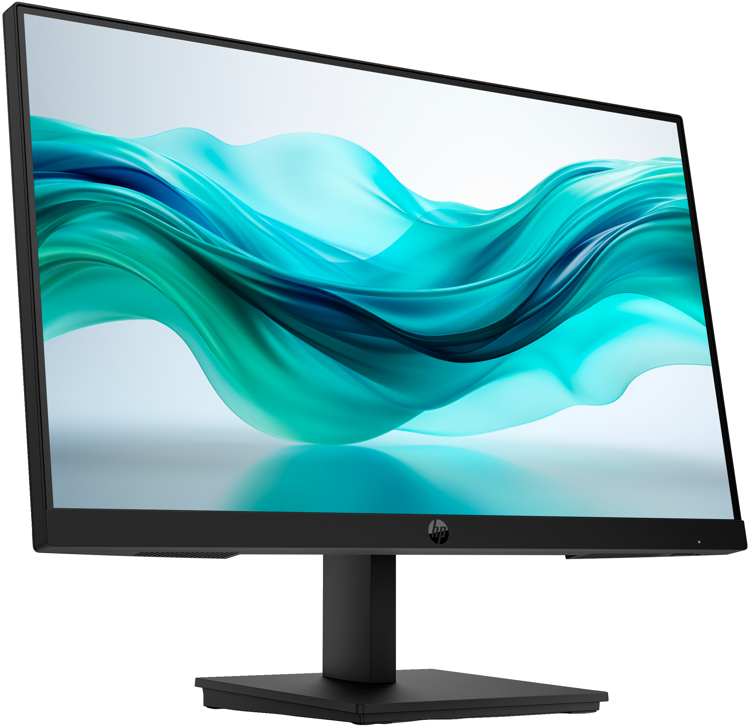 Zwarte HP monitor met een turquoise en wit abstract ontwerp. De monitor staat op een zwarte standaard.