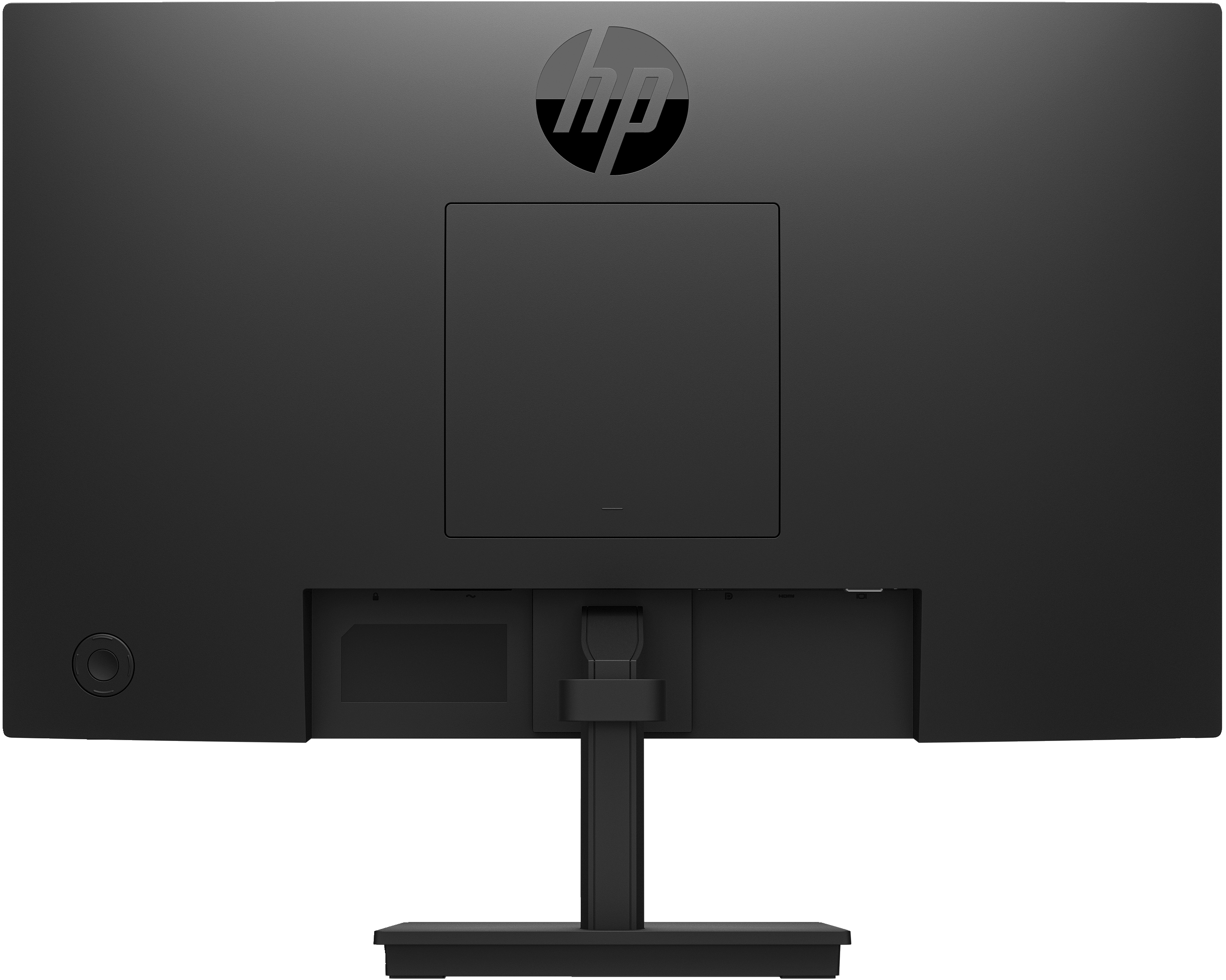 De achterkant van een zwarte HP monitor met een standaard en aansluitpoorten.