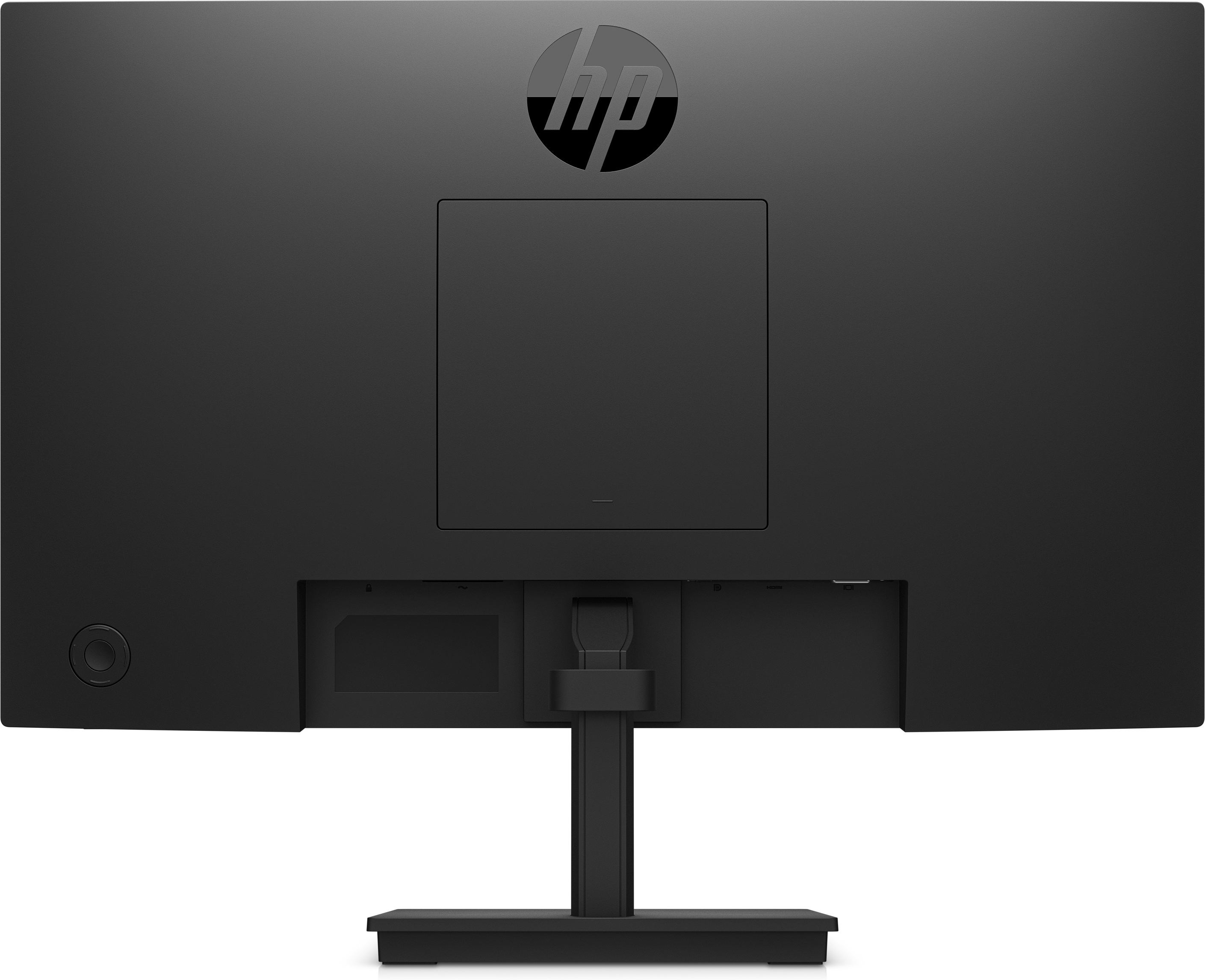 De achterkant van een zwarte HP monitor met poorten en een standaard. Het HP logo is zichtbaar.
