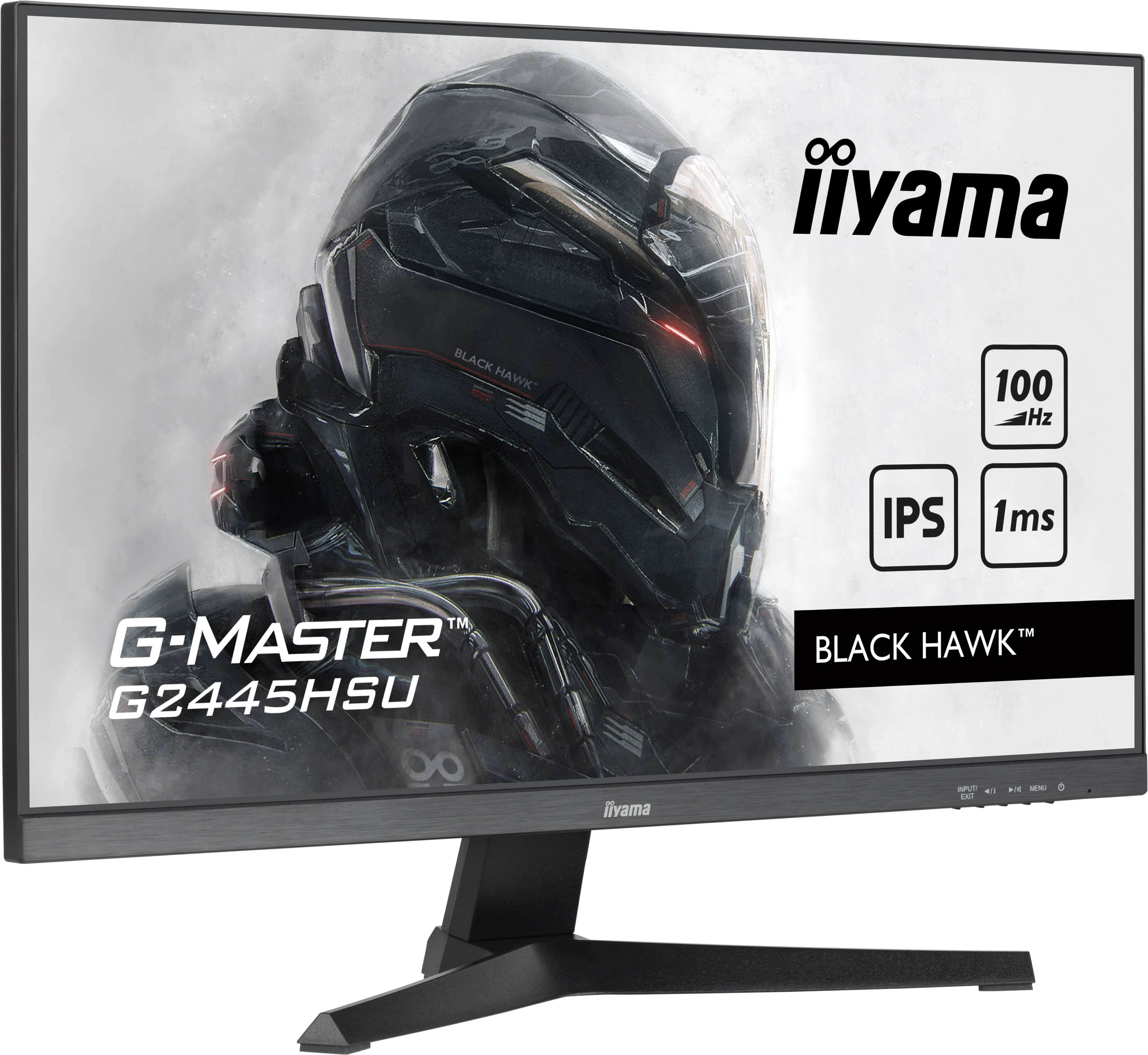 Monitor Iiyama con un gráfico de halcón negro. Cuenta con detalles de 100Hz, IPS y 1ms.