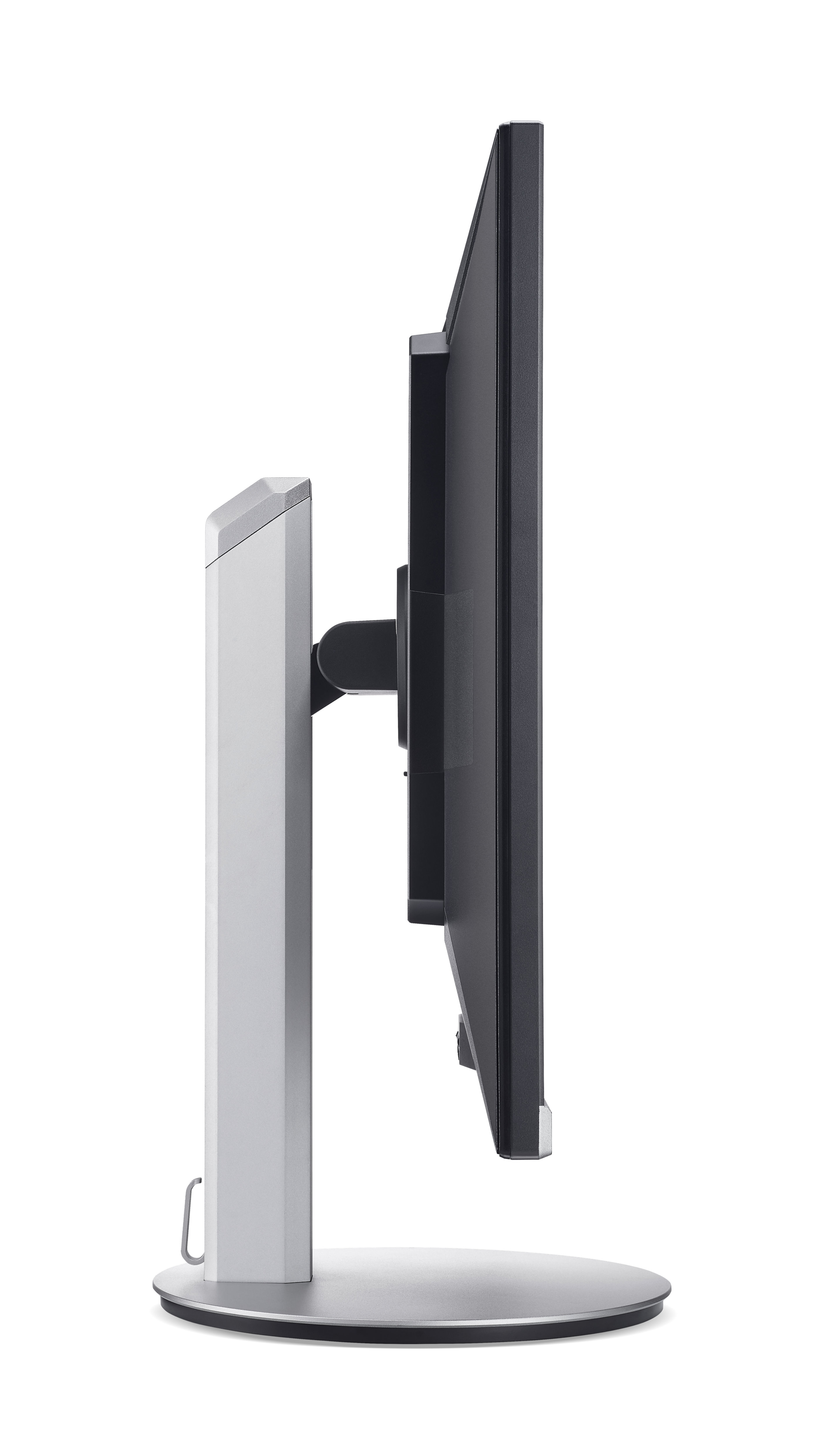 Widok z boku monitora ze srebrnym stojakiem i czarnym ekranem oraz ramką, stojący na białej powierzchni.