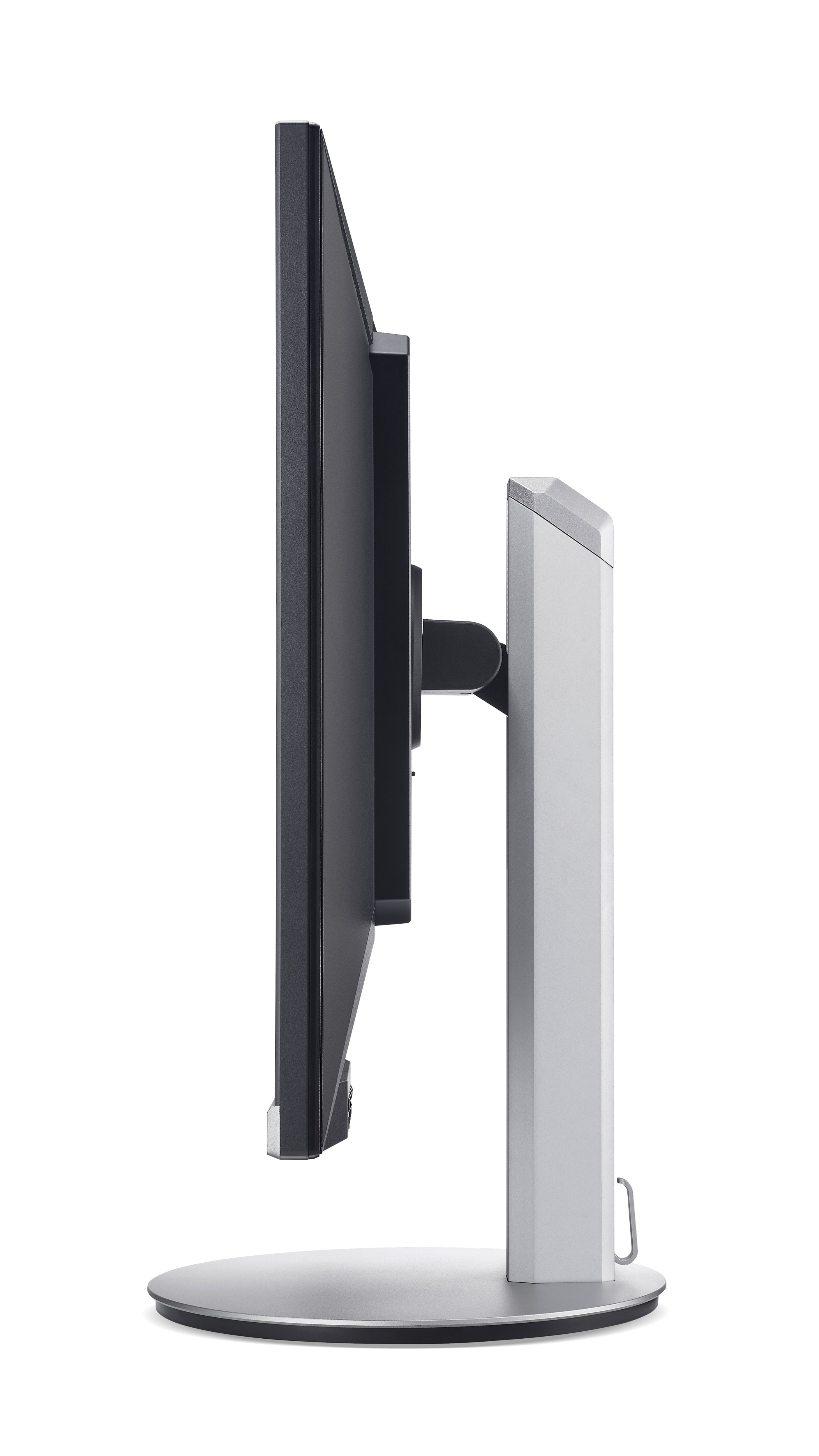 Widok z boku monitora na stojaku, ze srebrnym stojakiem i czarnym ekranem.