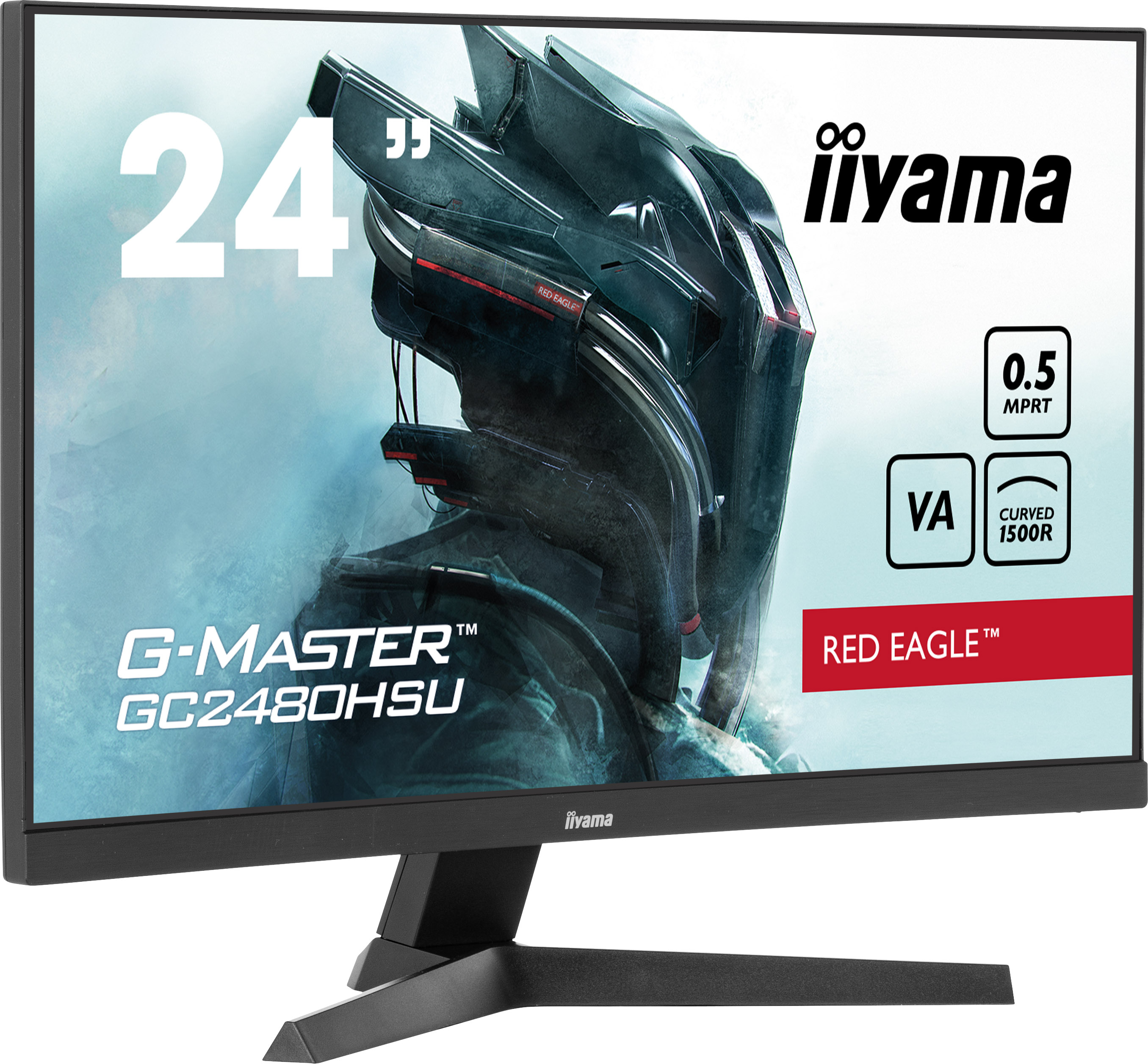 Czarny monitor iiyama, wyświetlający grafikę z gier, z napisem 'RED EAGLE' i innymi funkcjami.