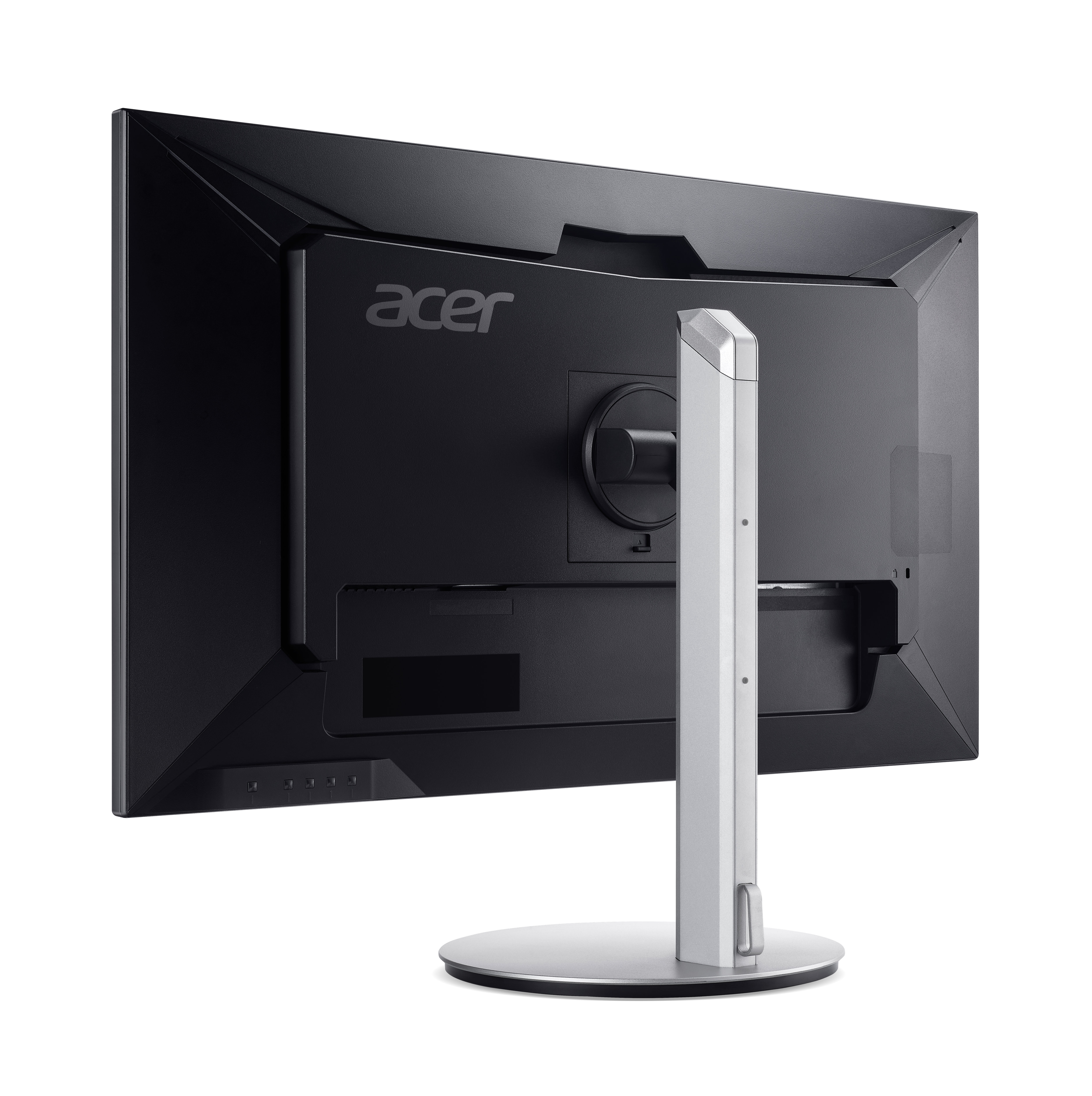 Widok z tyłu monitora Acer ze srebrną podstawą. Czarny z logo Acer.