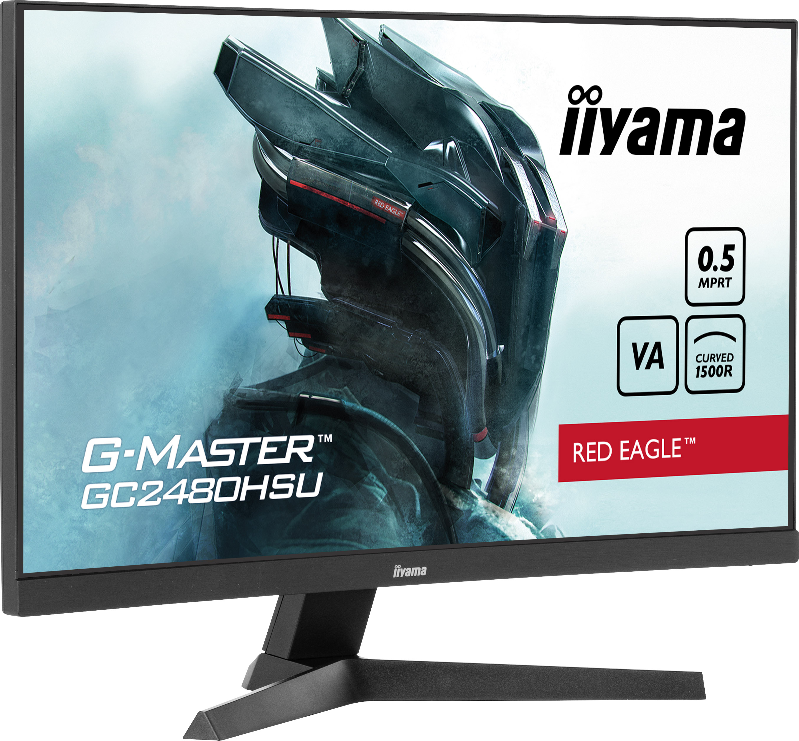 Monitor do gier iiyama o ciemnym designie, pokazujący futurystyczną grafikę z czerwonym orłem.