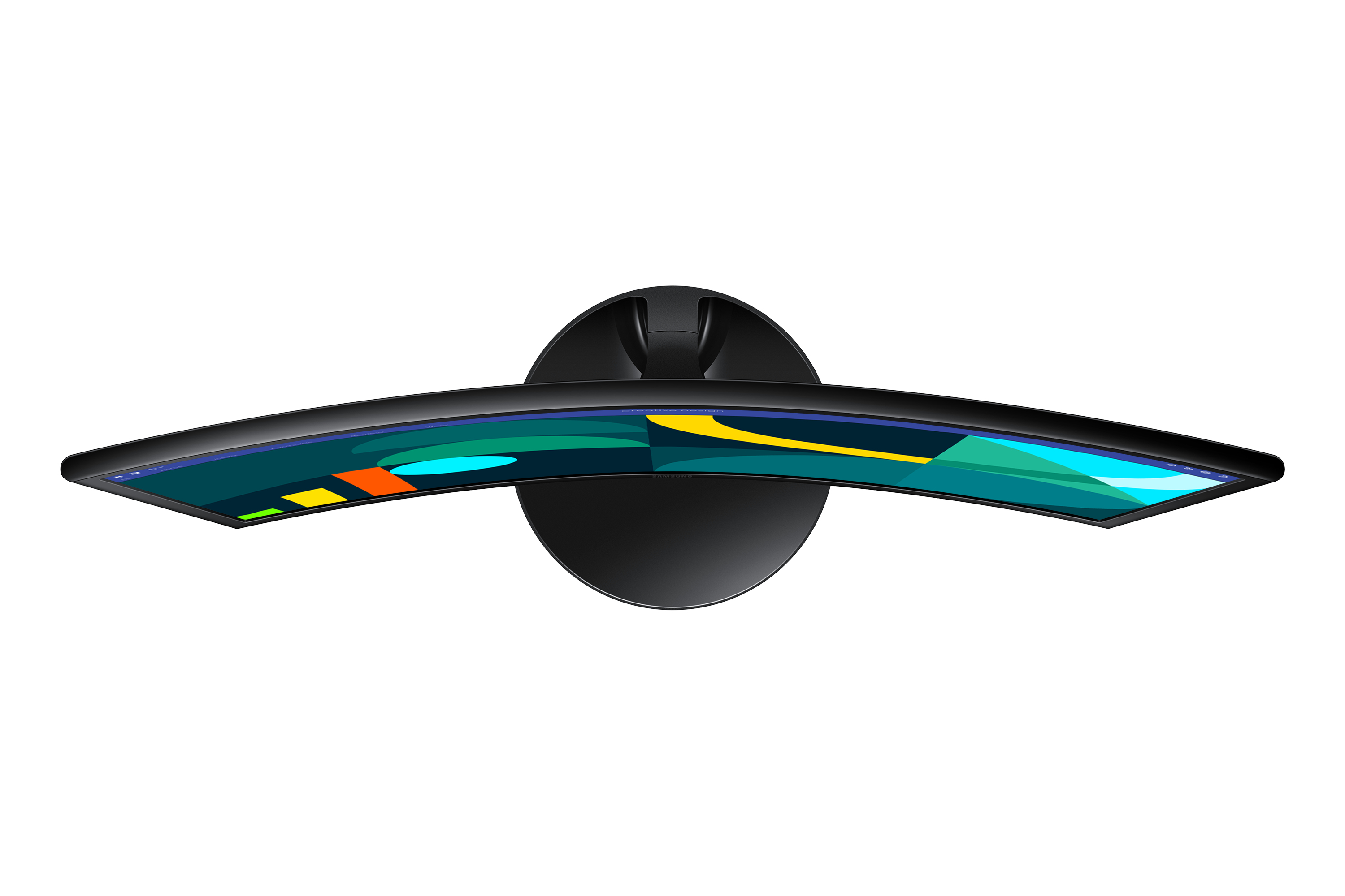 Widok z góry zakrzywionego monitora na czarnym stojaku.