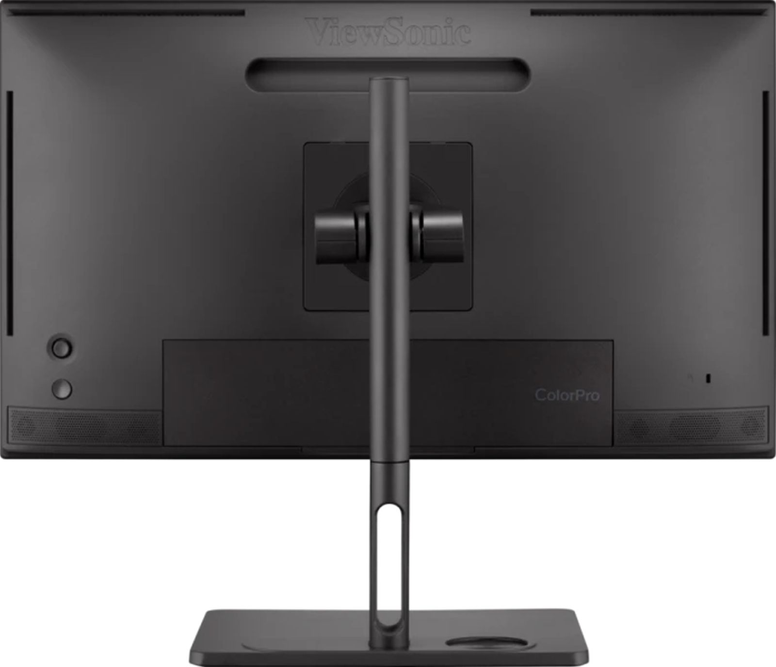 Tył czarnego monitora komputerowego ze stojakiem i logo ViewSonic.