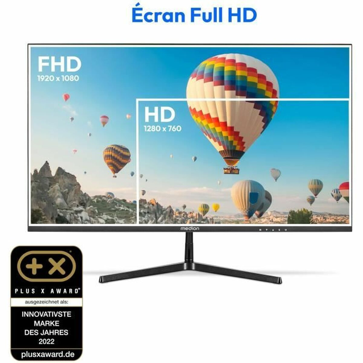 Monitor met FHD- en HD-schermen. Een kleurrijke luchtballon op de achtergrond. Plus X Award-logo.