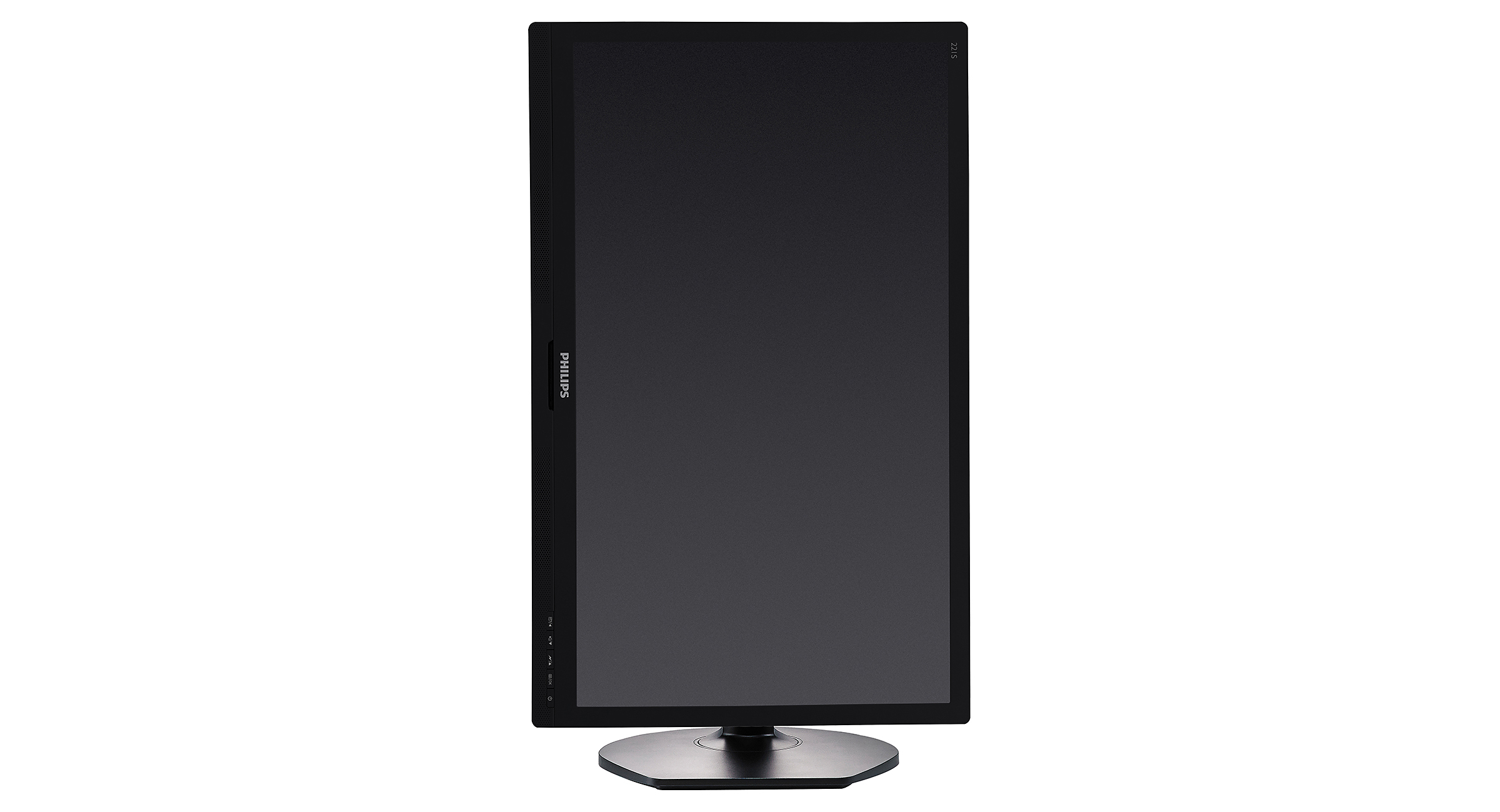 Monitor Philips in posizione verticale, nero, isolato su bianco, che mostra il logo Philips.
