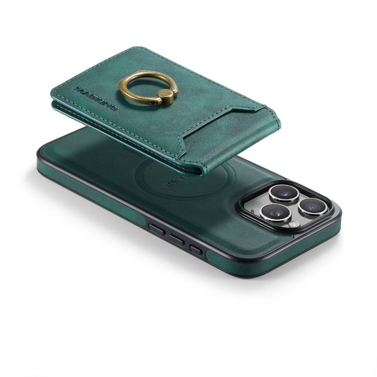 Grüne Handyhülle mit Kartenhalter und goldenem Ring. Die Handyhülle liegt auf einem Handy.