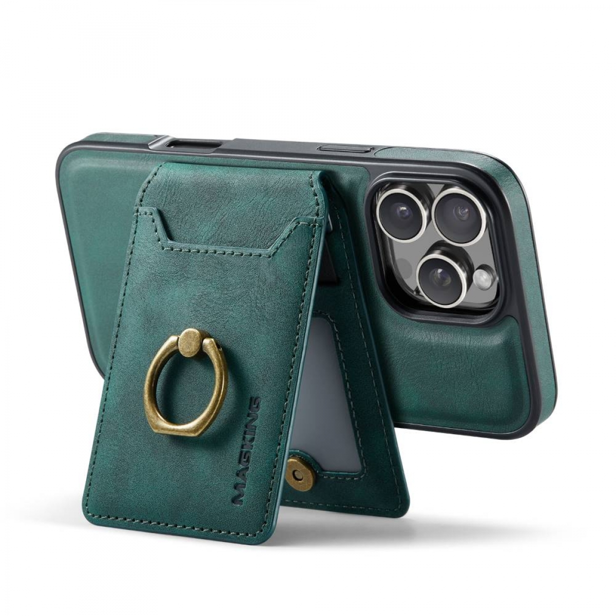 Grüne Leder-Handyhülle mit Kartenhalter und Ring. Schwarzes Telefon und weißer Hintergrund.