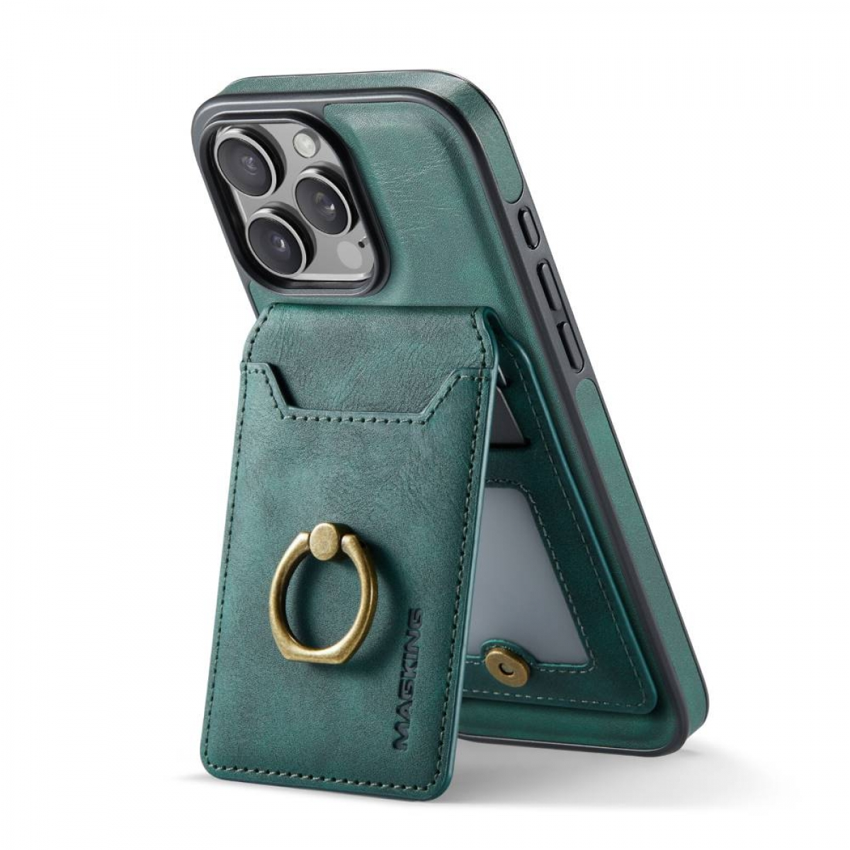 Grüne Handyhülle mit Kartenhalter und Ringhalter, iPhone sichtbar, vor weißem Hintergrund.