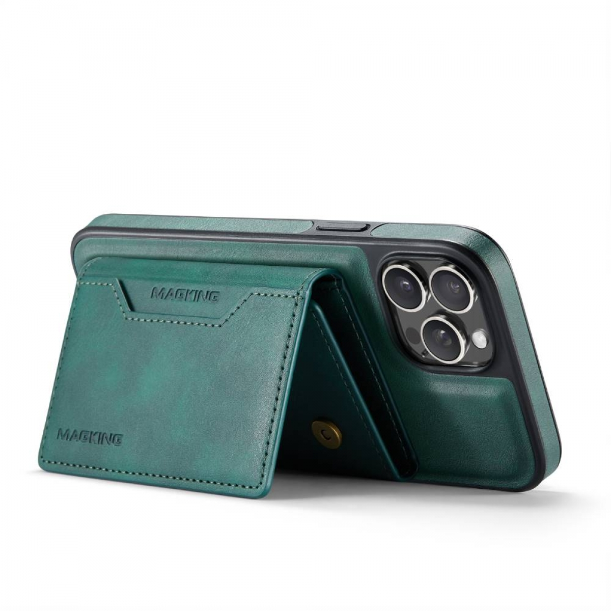 Grüne iPhone-Hülle mit Kartenhalter. Hülle ist aufgestellt, Telefon sichtbar.