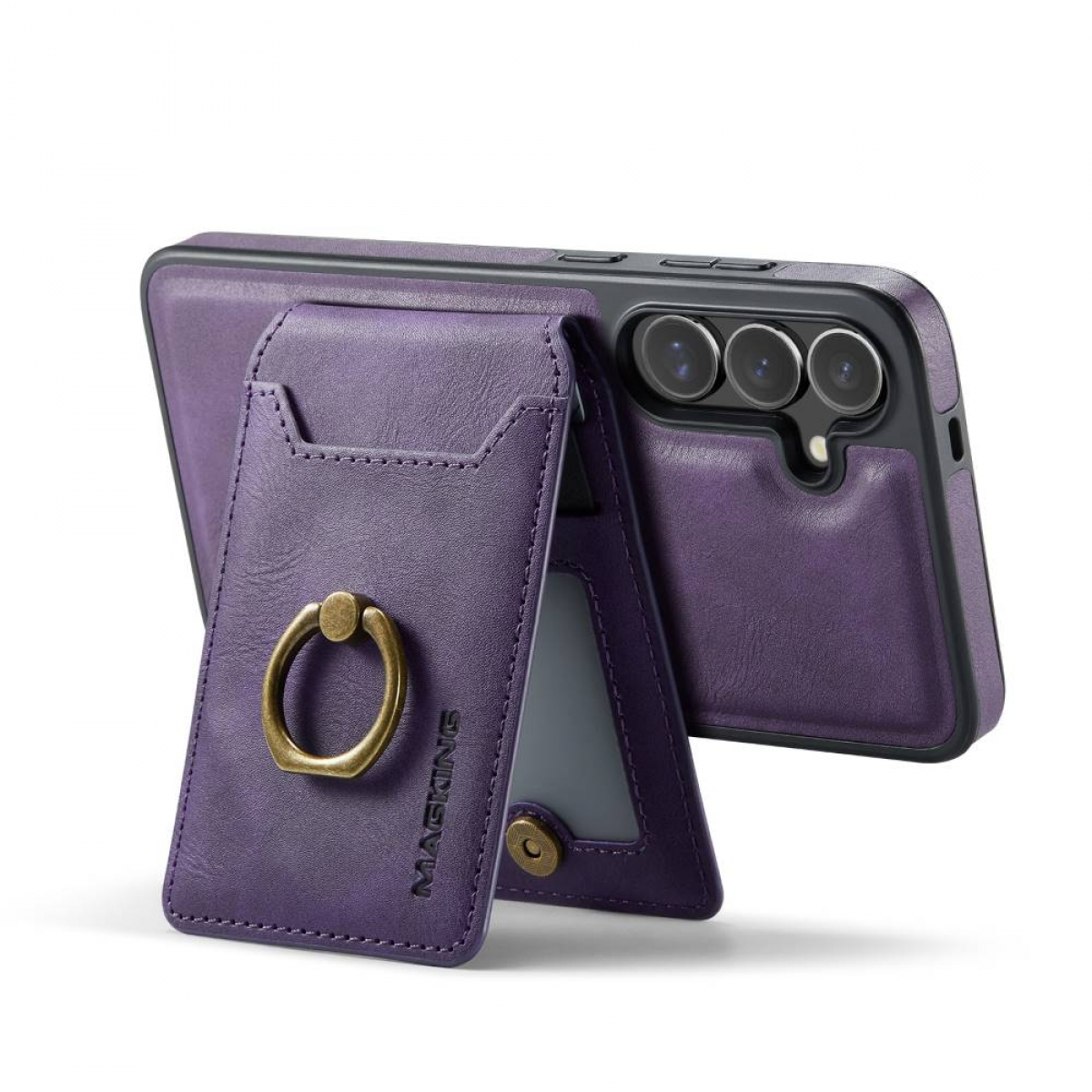 Lila Telefon mit einem Wallet-Ständer. Das Wallet hat einen Ringhalter. Das Telefon ist nach oben geneigt.