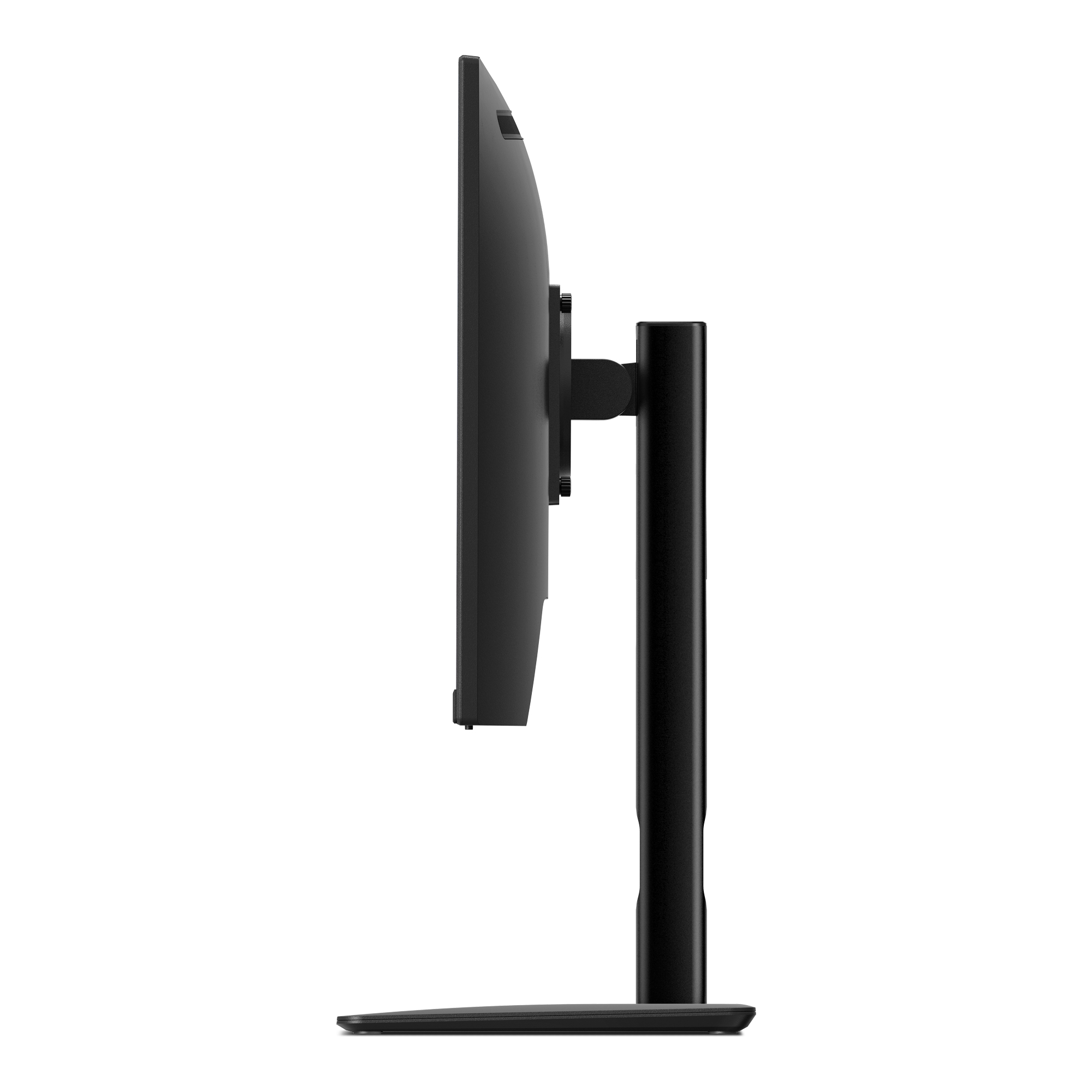Seitenansicht eines schwarzen Monitors mit Ständer und Design, isoliert auf Weiß.