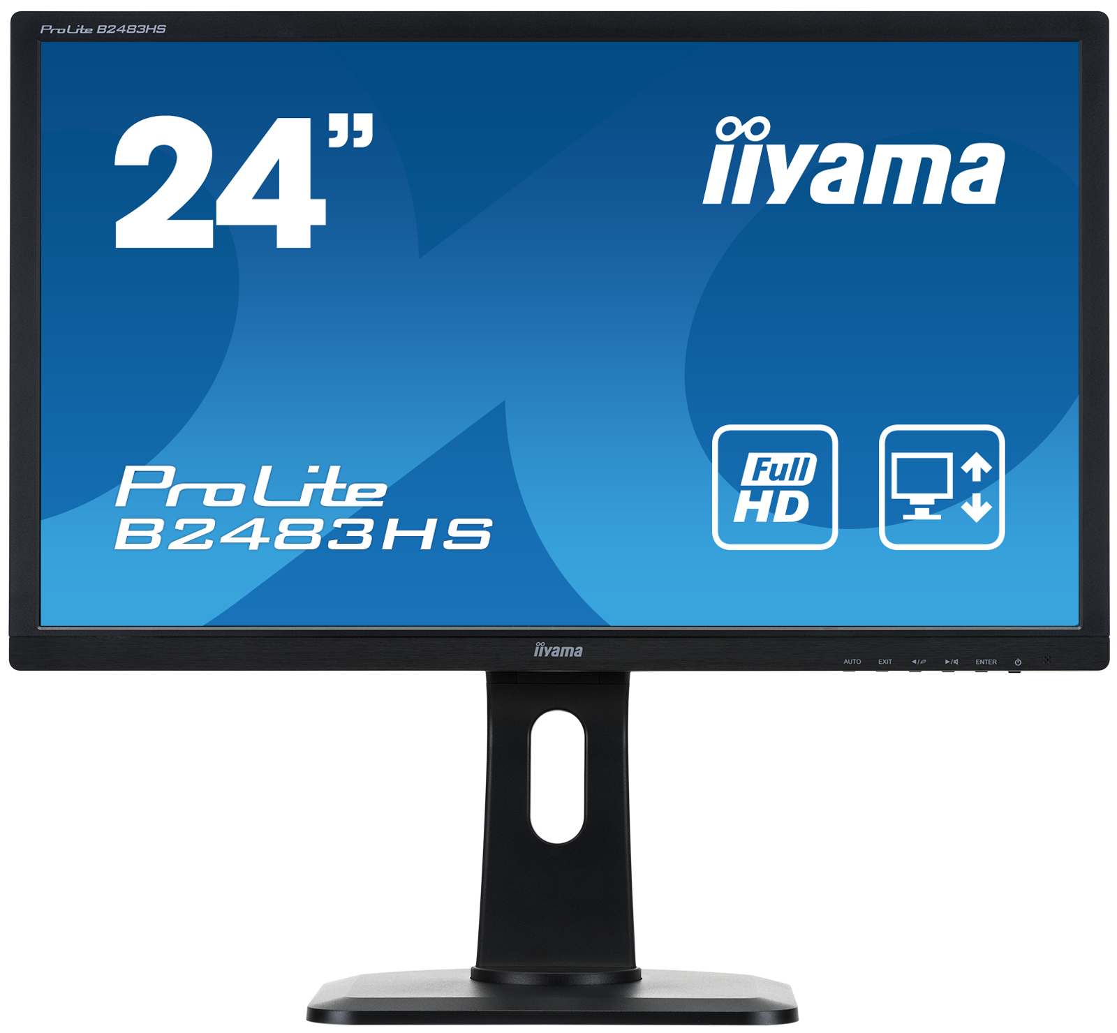 24" Iiyama monitor. Black bezel, blue screen, white text. Stand is black.
