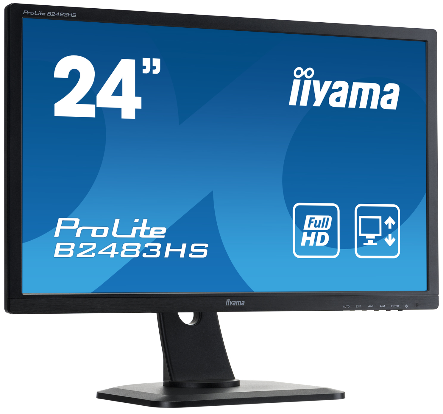 A computer monitor with a black frame, displaying text and icons on a blue background, on a black stand.