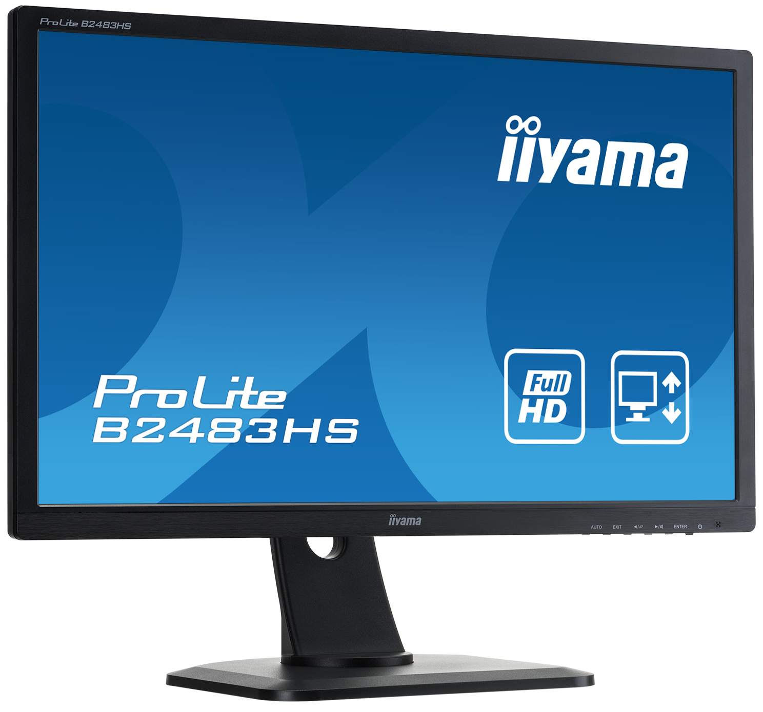 Iiyama ProLite B2483HS monitor. Black frame with blue display. Full HD, on black stand.