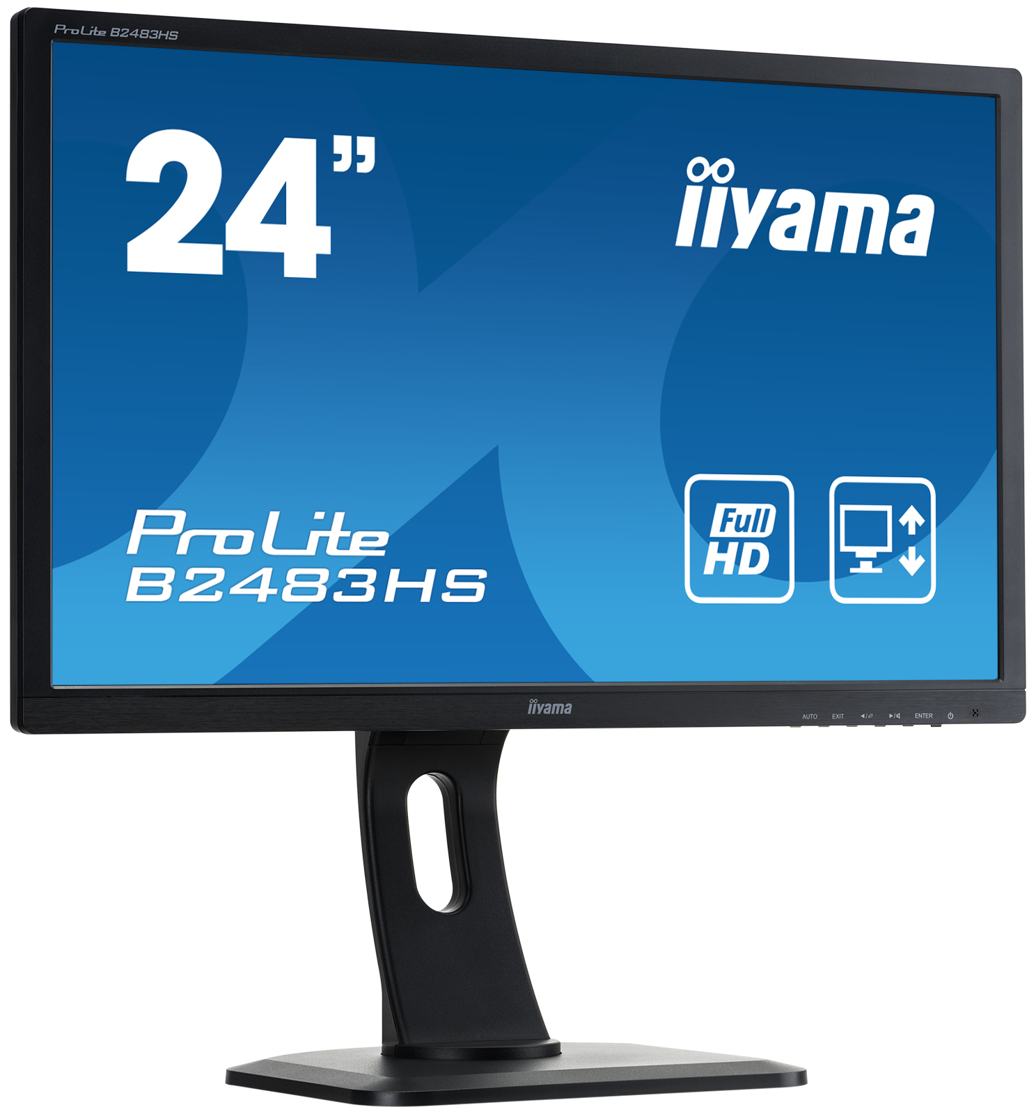 24 inch Iiyama ProLite monitor with a black frame. The screen is blue. It has a black stand.
